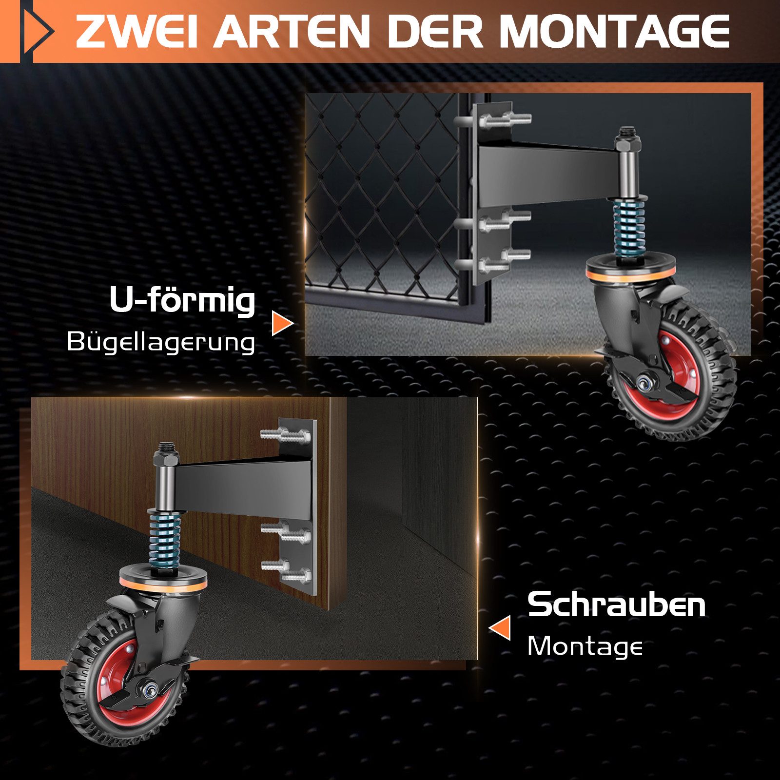 XERSEK Torlaufrolle Schwerlastrolle mit Federbelastung & Bremse 360° Bis 200–250kg, (Set, 150/200mm Torrolle Gummirad, Doppel-Kugellager, Stahlhalterung), Torrä – Bild 4 von 5