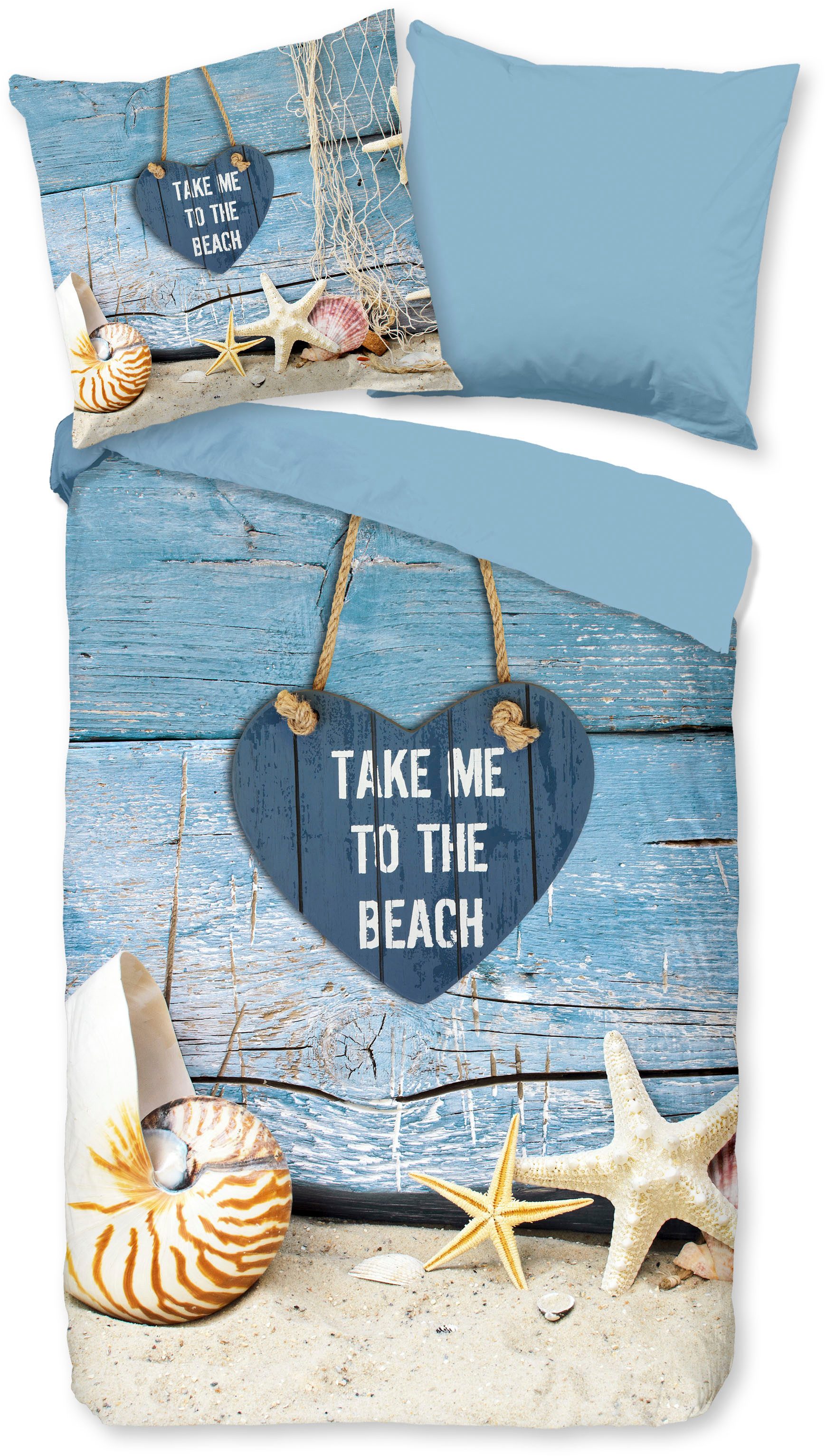 PURE luxury collection Wendebettwäsche Beach heart, Microfaser, 2 teilig, Mikrofaser, 135x200, Pflegeleicht, Reißverschluss, Wende, Strand, Blau – Bild 2 von 5