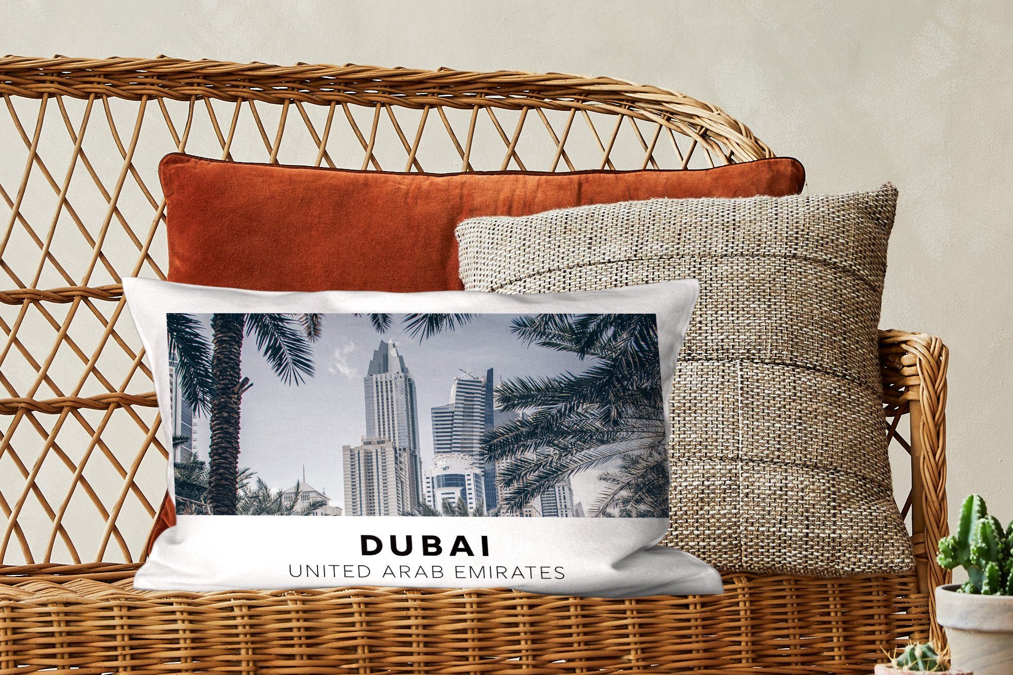 Wohzimmer - - Palmen, Dubai MuchoWow Architektur Dekoration, Schlafzimmer mit Zierkissen, Dekokissen Füllung, Dekokissen