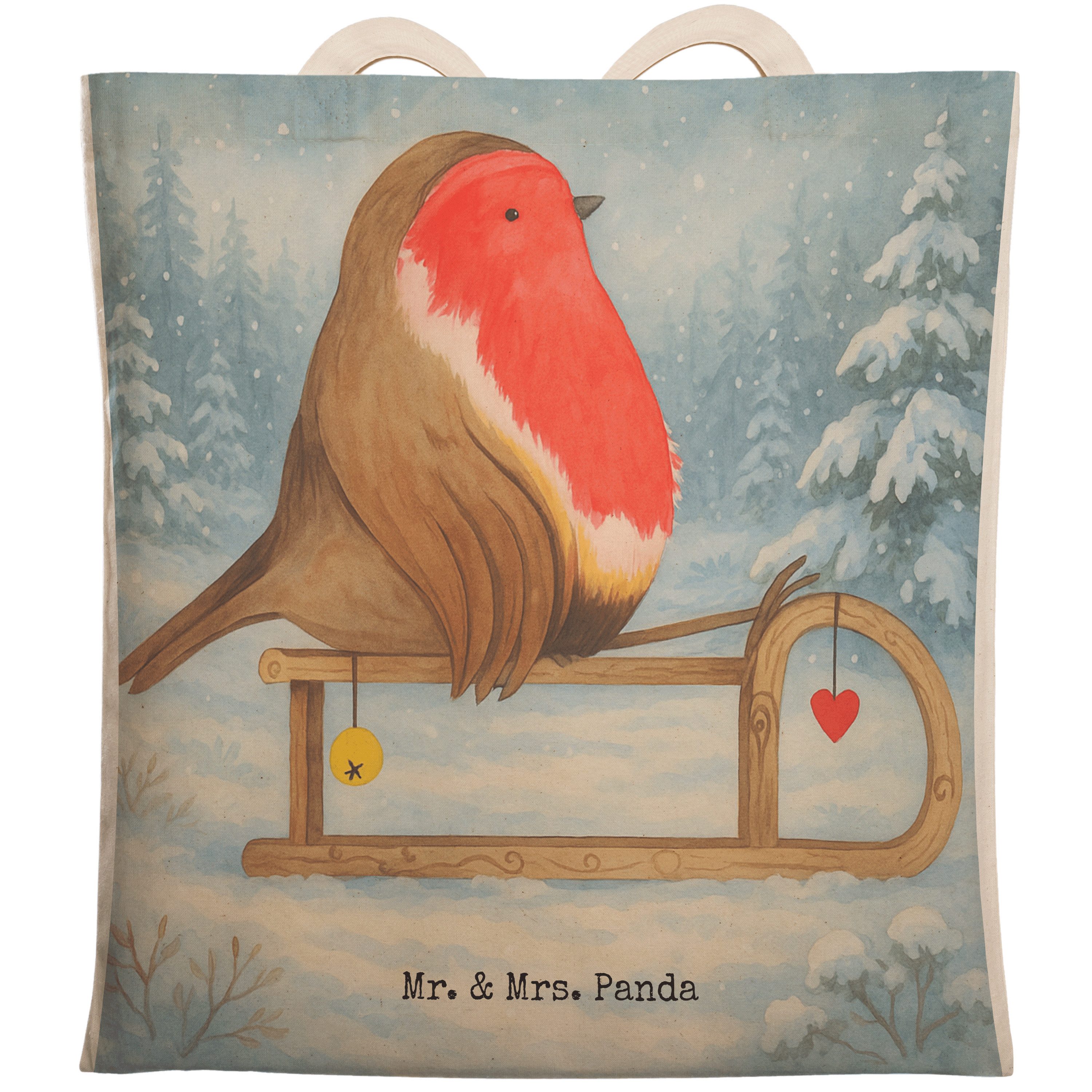 Mr. & Mrs. Panda Tragetasche Rotkehlchen Schlitten Design, Tote Bag, Weiß, Tragetasche, Bag, shopp (Packung), shopping bag taschen shopper Stoffbeutel