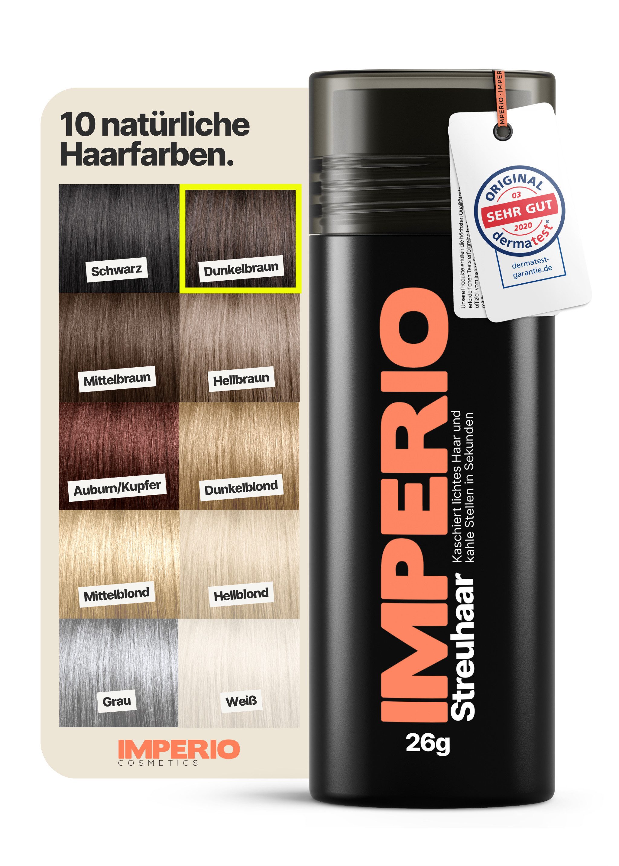 IMPERIO Haarpuder Streuhaar zur Haarverdichtung & vollem Haar in Sekunden - 26g, Feine Baumwollfasern; dermatologisch getestet; für Frauen und Männer