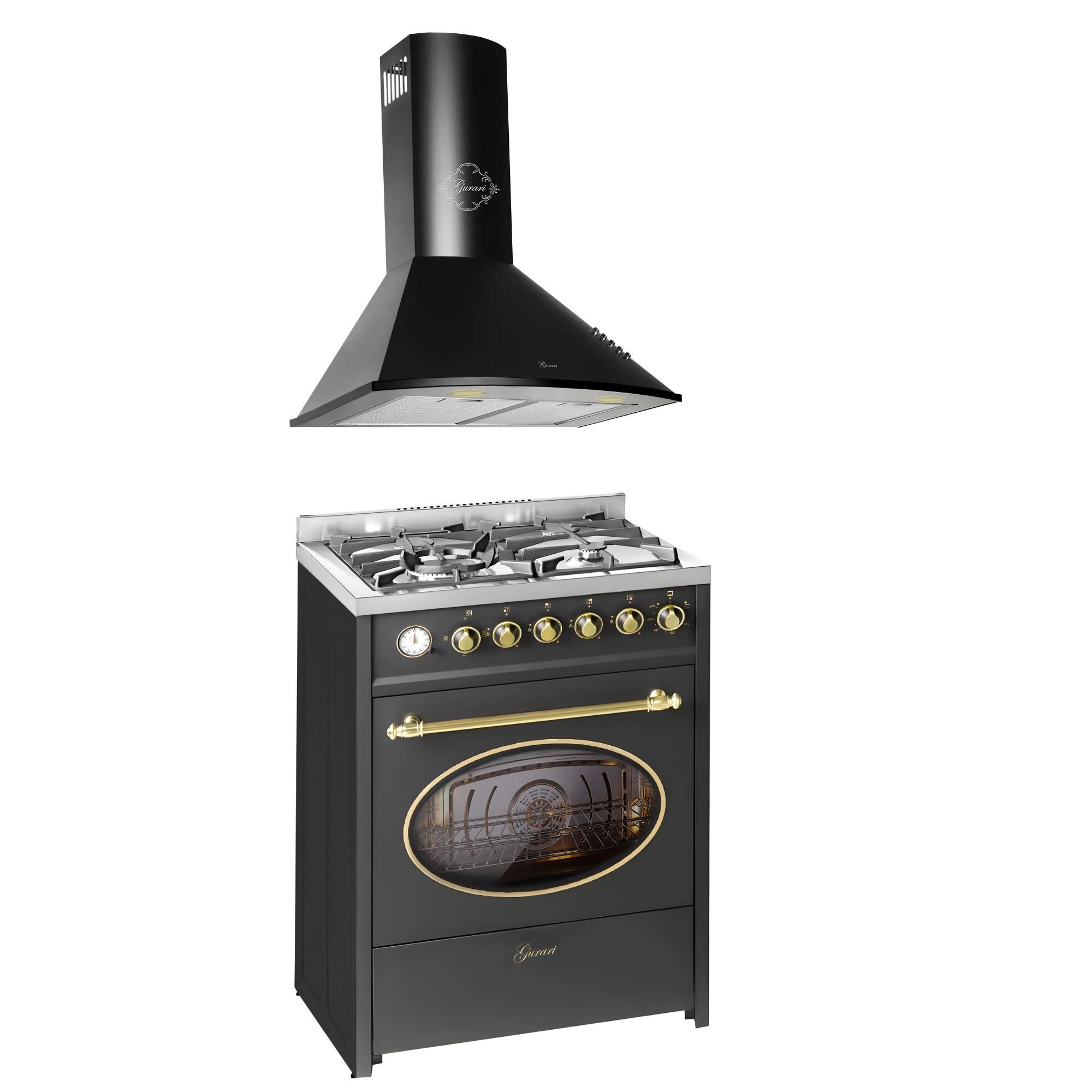 GURARI Gas-Standherd Retro Gas Elektro Standherd 60 cm Erdgas Fl.Gas 4 Kw WOK, 8 Funktionen+Dunstabzugshaube 60 cm E 614 BL r+GCH C 046 BL 6 N., mit 1-fach-Teleskopauszug