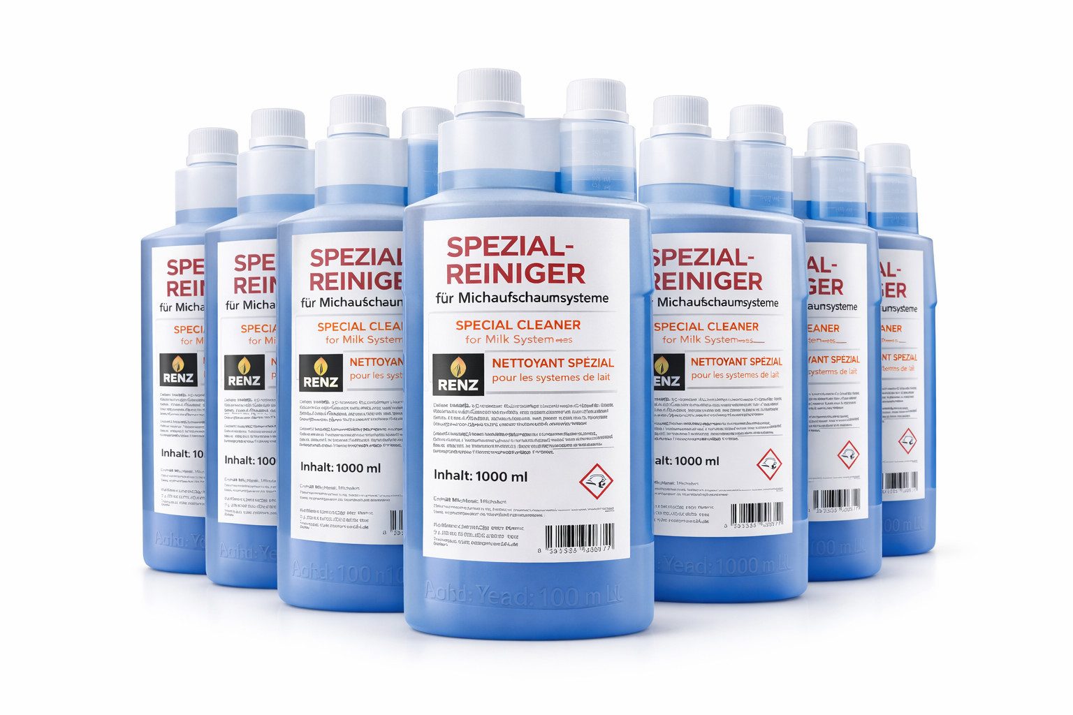 RENZ Milchschaumreiniger flüssig Konzentrat Milchsystem-Reiniger (für Kaffeevollautomat, [1-St. 8 Flaschen a` 1000 ml mit pratischem Dosiersystem passend für Siemens, Jura, Bosch, Philips, DeLonghi)
