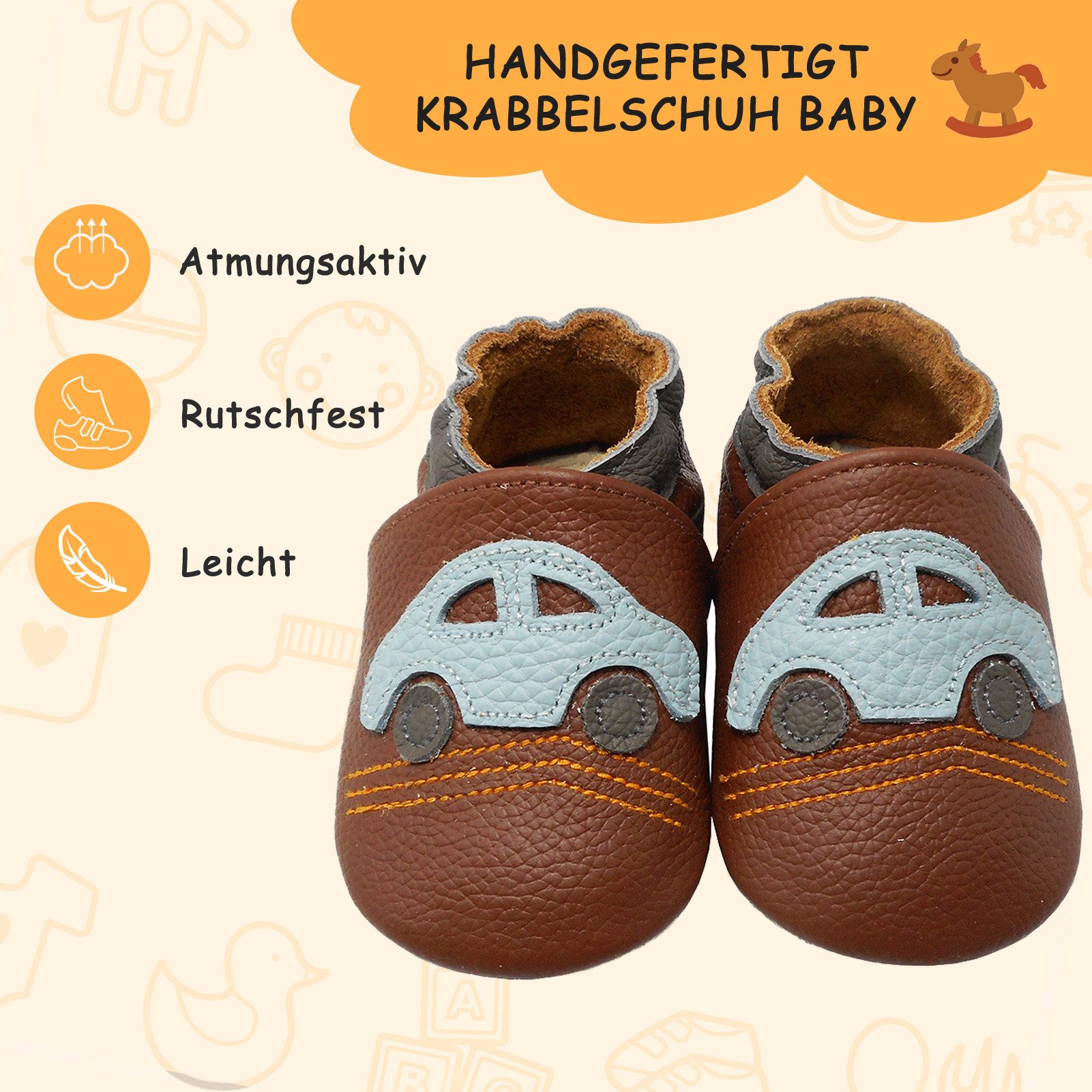 Yalion Yalion Leder Lauflernschuhe Auto Braun Weiche Krabbelschuhe Hausschuh