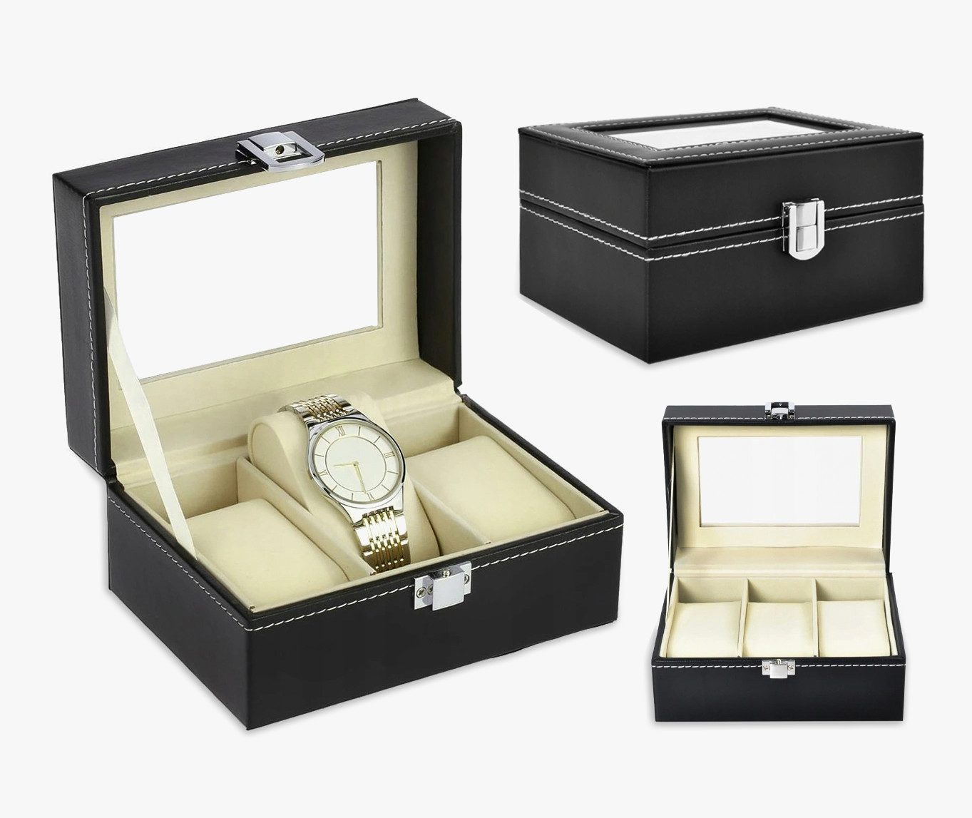 MALATEC Uhrenbox Uhrenorganizer mit 3 Fächern, Stilvoller Uhrenorganisator aus hochwertigem Öko-Leder