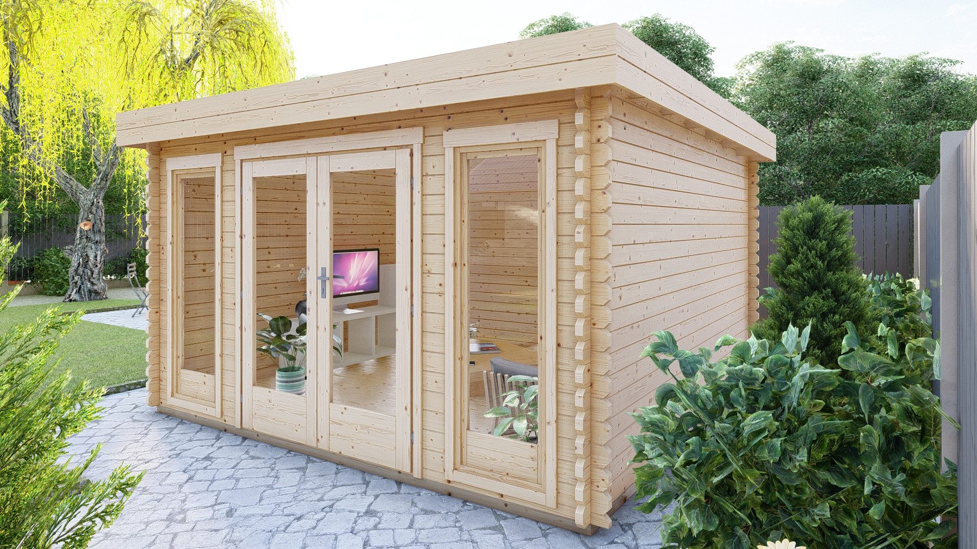 Finn Art Blockhaus Gartenhaus Flachdach 4x4m Holz York 5 in 40mm Wandstärke, BxT: 390x390 cm, mit 28 mm Fußboden, mit Premium Dachbahn selbstklebend