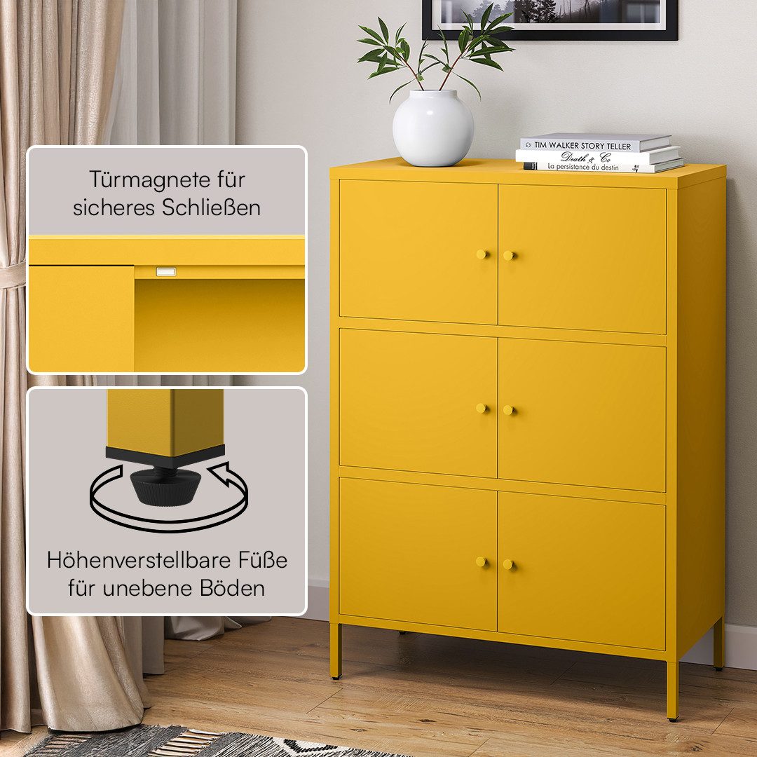 skølm Kommode Atriona aus Metall, Metallschrank mit Türen und Fächern (Senfgelb, 3 Fächer & 6 Türen), 113,5 x 80 x 38 cm, auch mit 2 Fächern – Bild 3 von 5