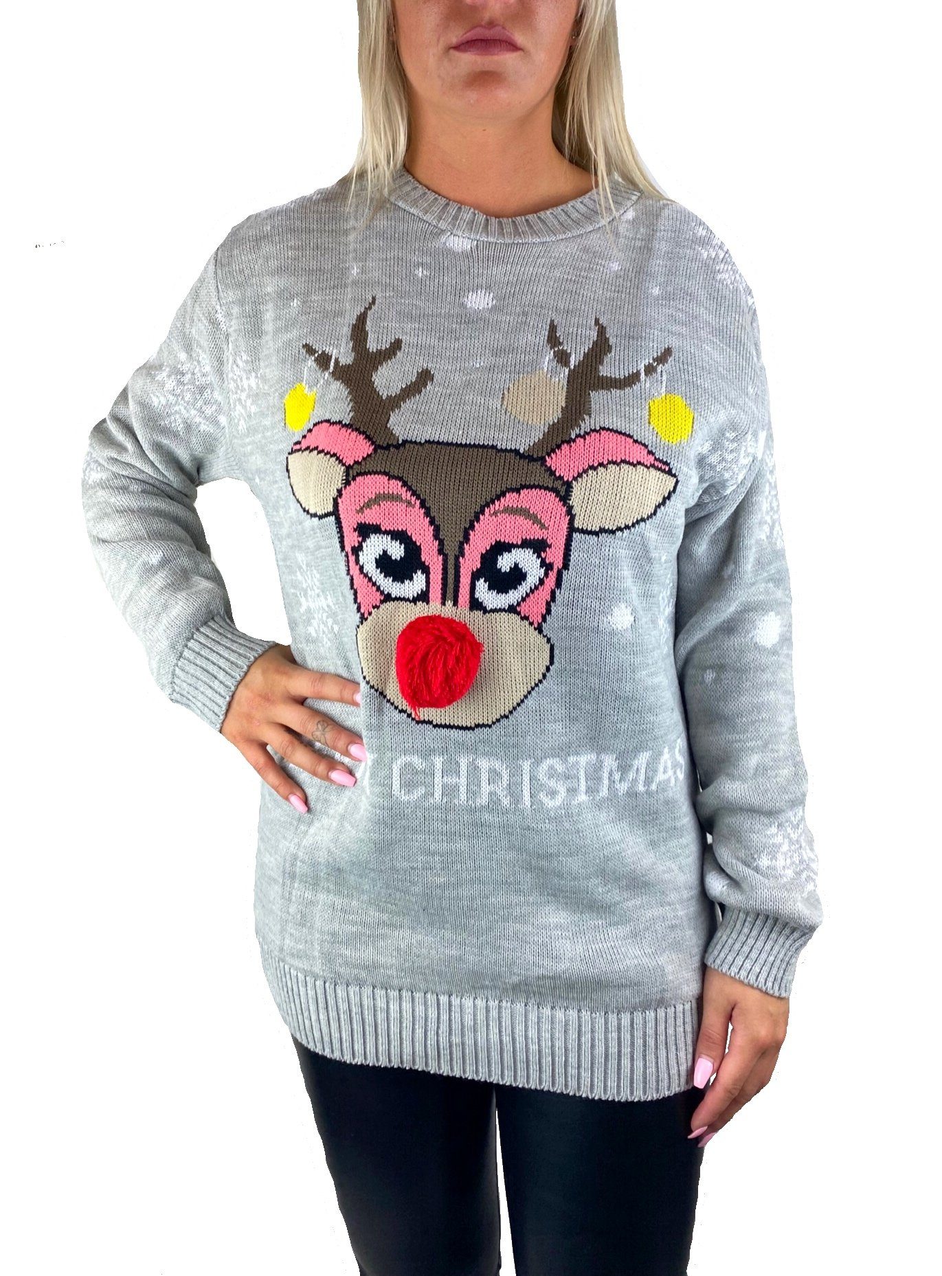 Worldclassca Weihnachtspullover Worldclassca Weihnachten Merry Christmas Sweater Damen Pullover Teenager Mädchen Pulli Weihnachtspullover Xmas Rudolph Rentier Rote Bommel Nase S-XXL Grau-2