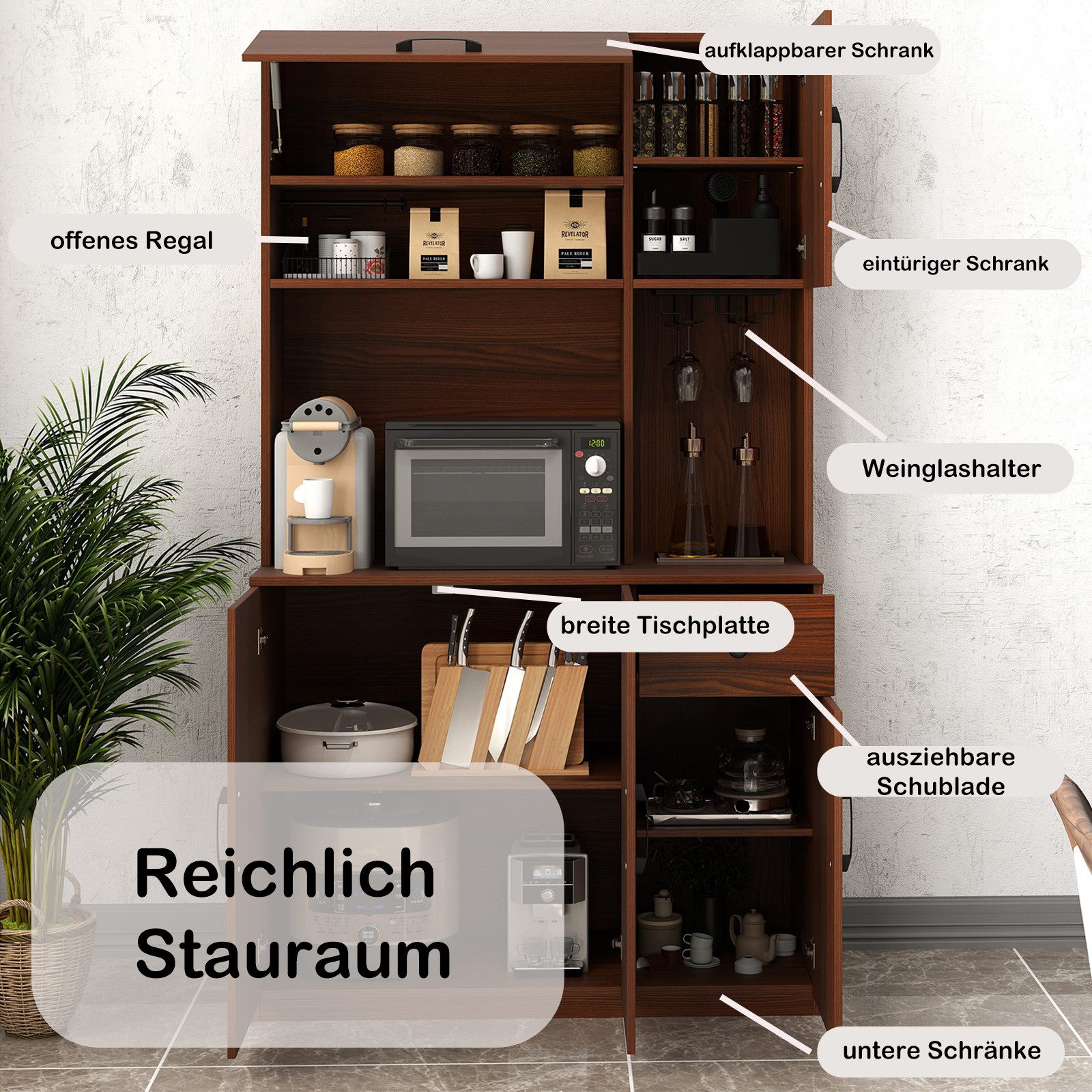 COSTWAY Küchenbuffet Schrank Hoch mit Steckdosen, Arbeitsplatte Braun