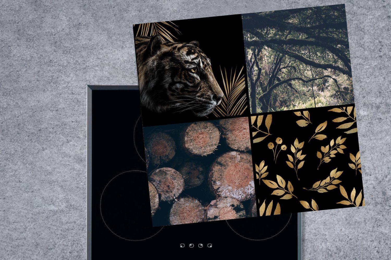 Tiger Vinyl, Ceranfeldabdeckung, küche tlg), (1 Gold, Arbeitsplatte - Herdblende-/Abdeckplatte 78x78 - cm, MuchoWow Collage für Baum -