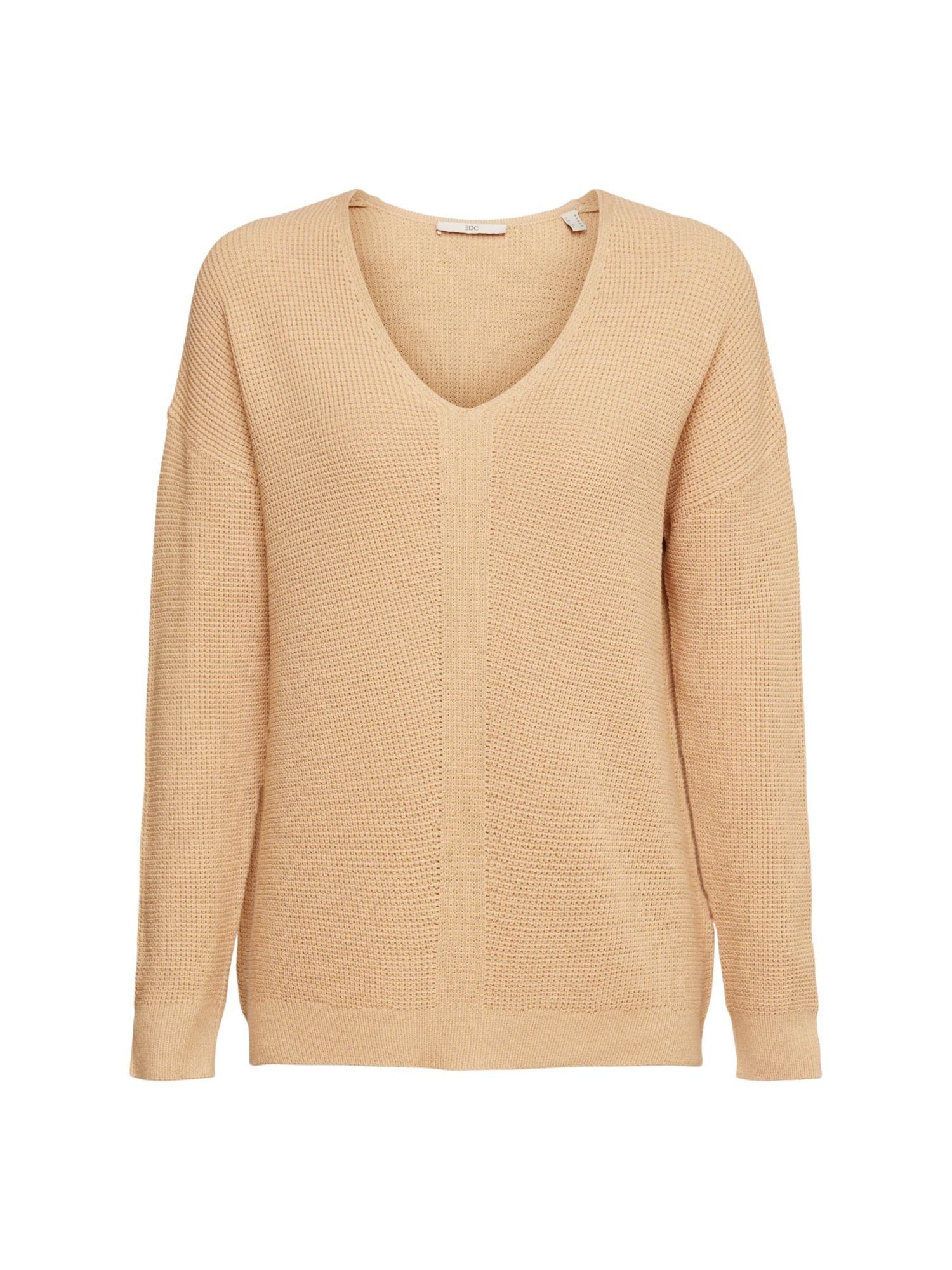 edc by Esprit Strickpullover Locker mit BEIGE Pullover CREAM V-Ausschnitt gestrickter