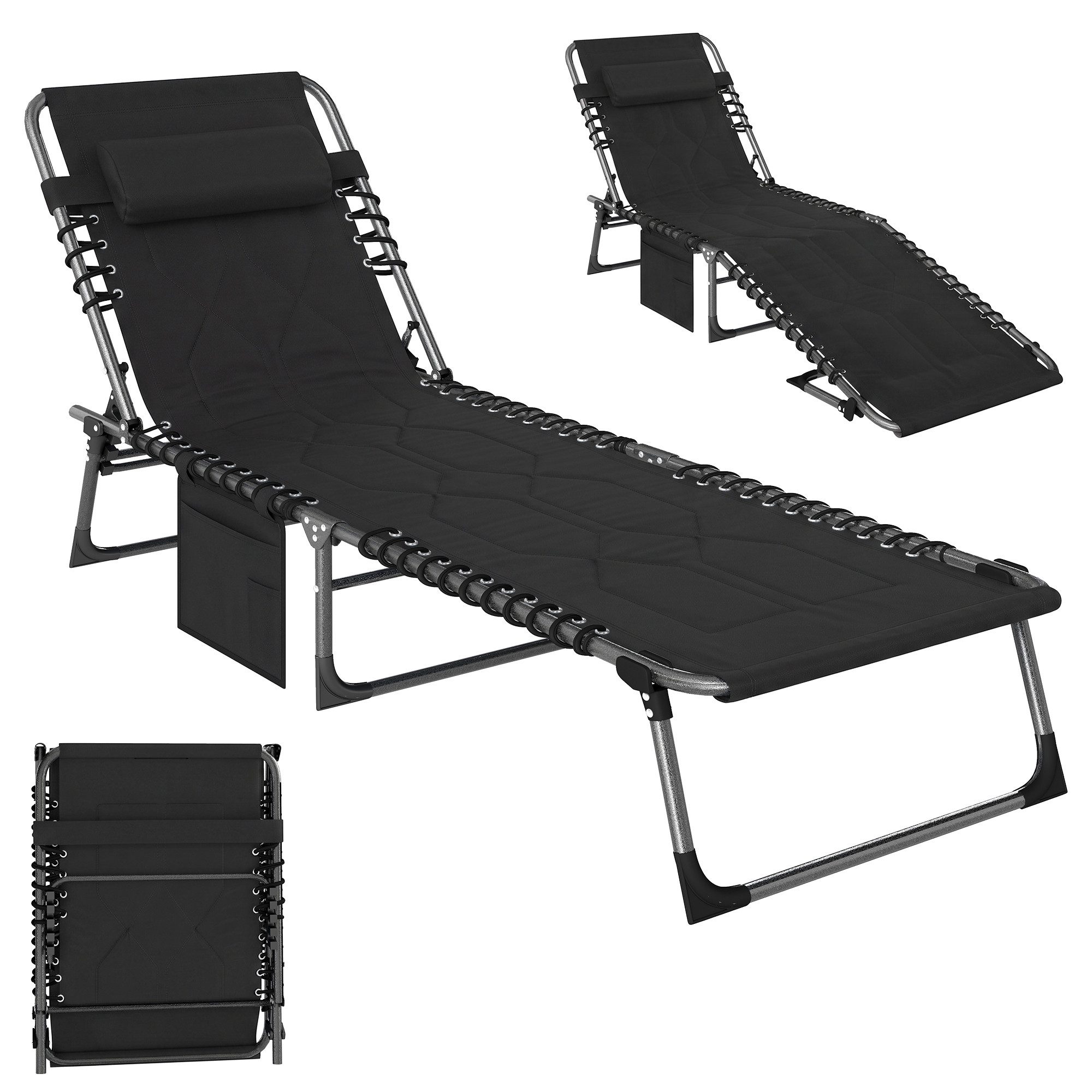 Outsunny Gartenliege Liegestuhl, wetterfeste Campingliege bis 130 kg belastbar, Sonnenliege, 1 St., Klappliege, Stahl Oxford-Stoff Schwarz 188 x 57 x 30 cm