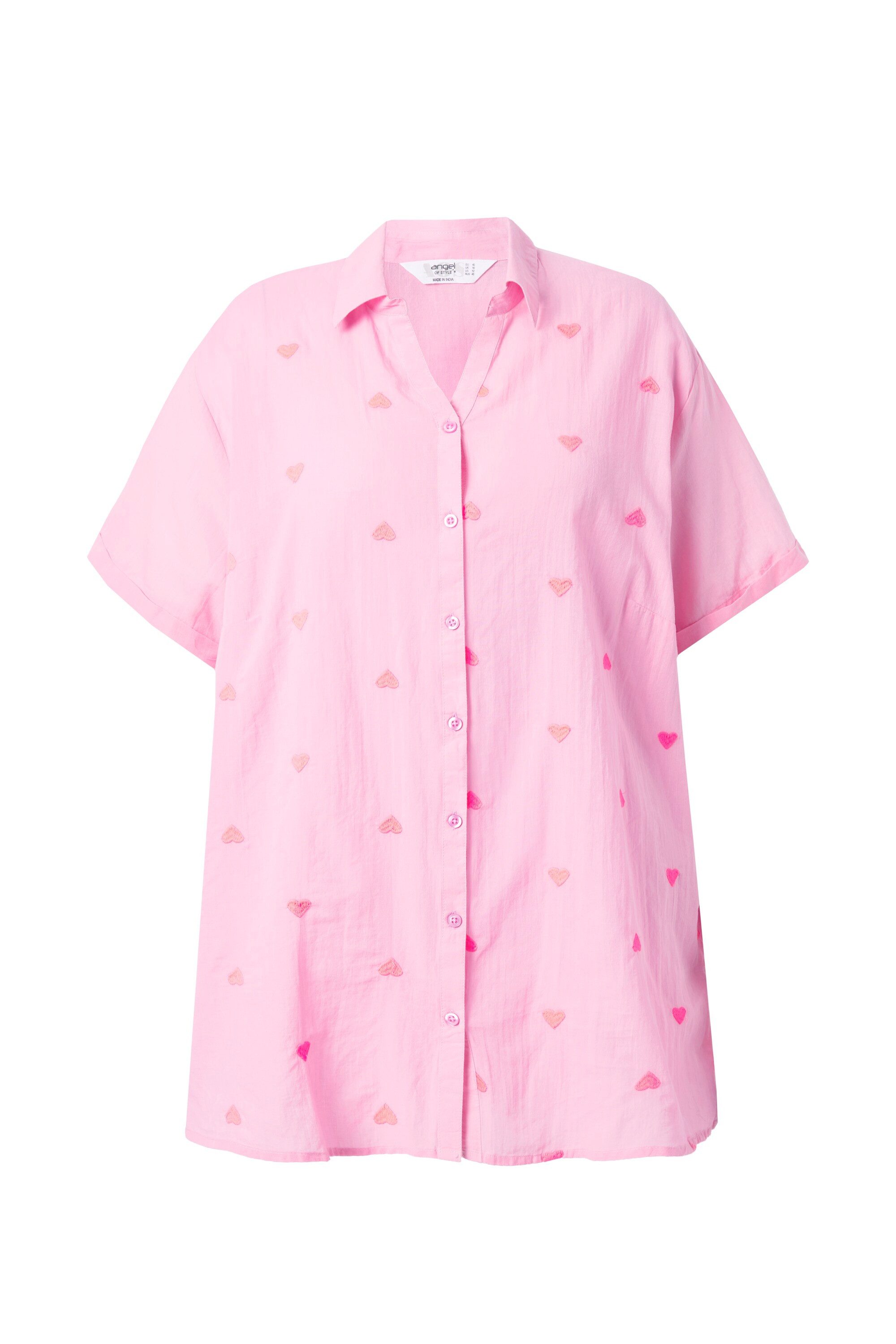 Longbluse Bluse oversized neon Erdbeeren-Stickerei Halbarm