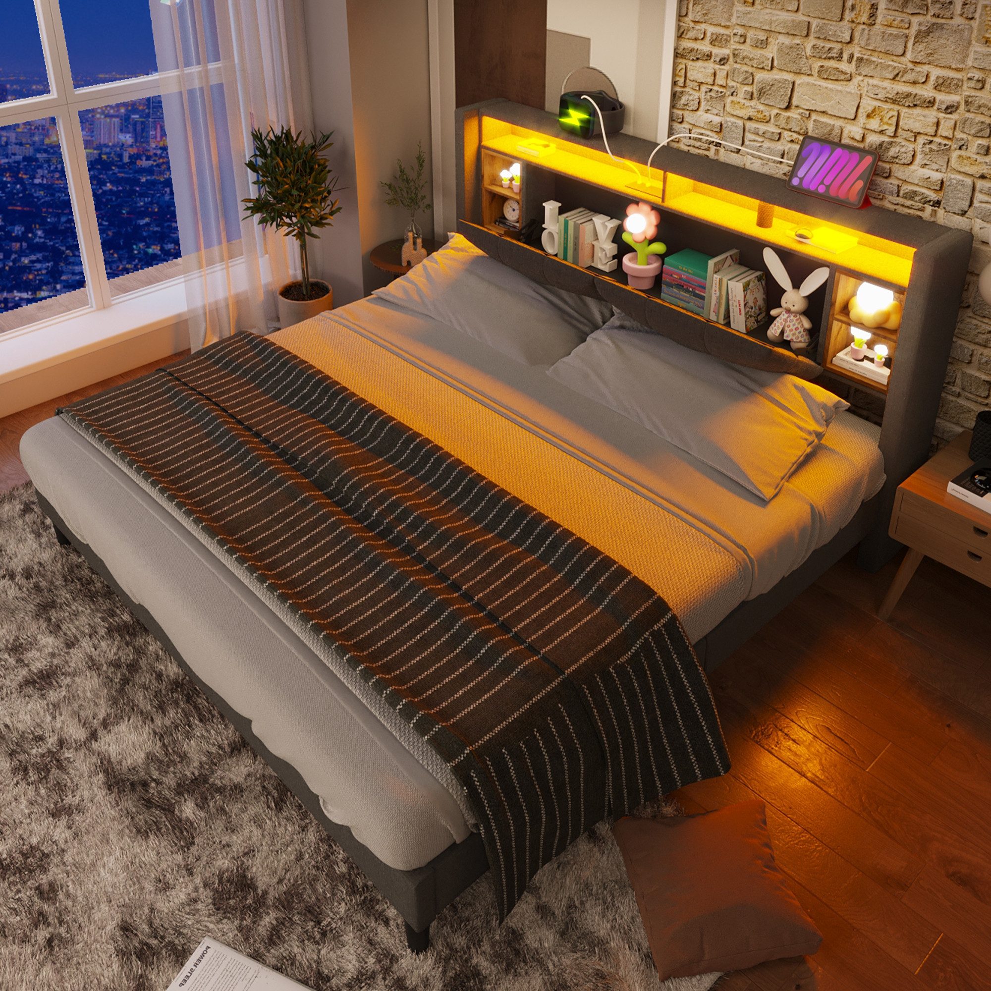 Flieks Polsterbett, LED-Beleuchtung Doppelbett mit Steckdose 160x200cm Lein günstig online kaufen
