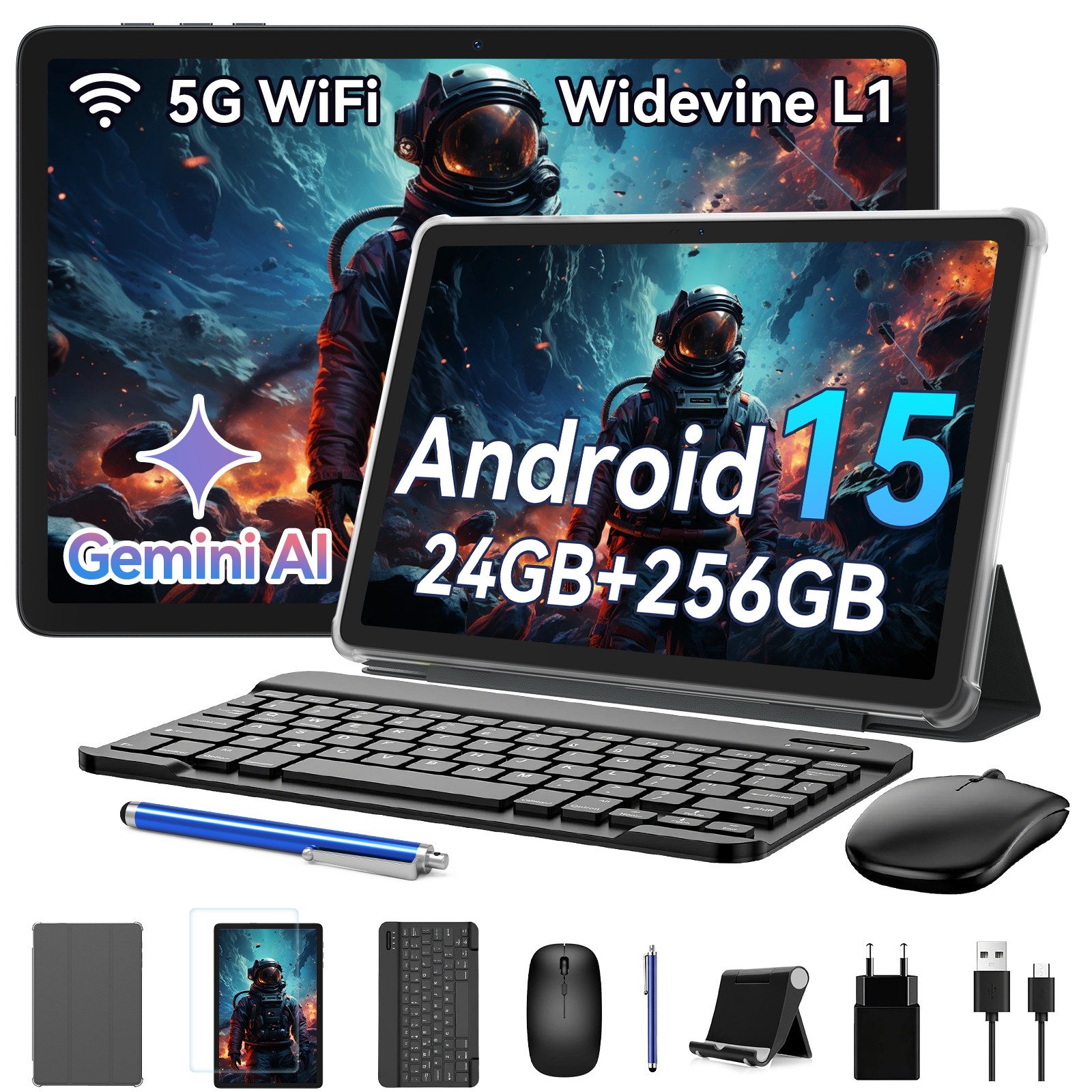 KINGRID Neuestes 10,1" Android 15 mit Tastatur/Maus/Hülle Tablet (10.1", 256 GB, Android 15, Android 15, Gemini Al Magic, mit Stift/Maus/Tastatur)