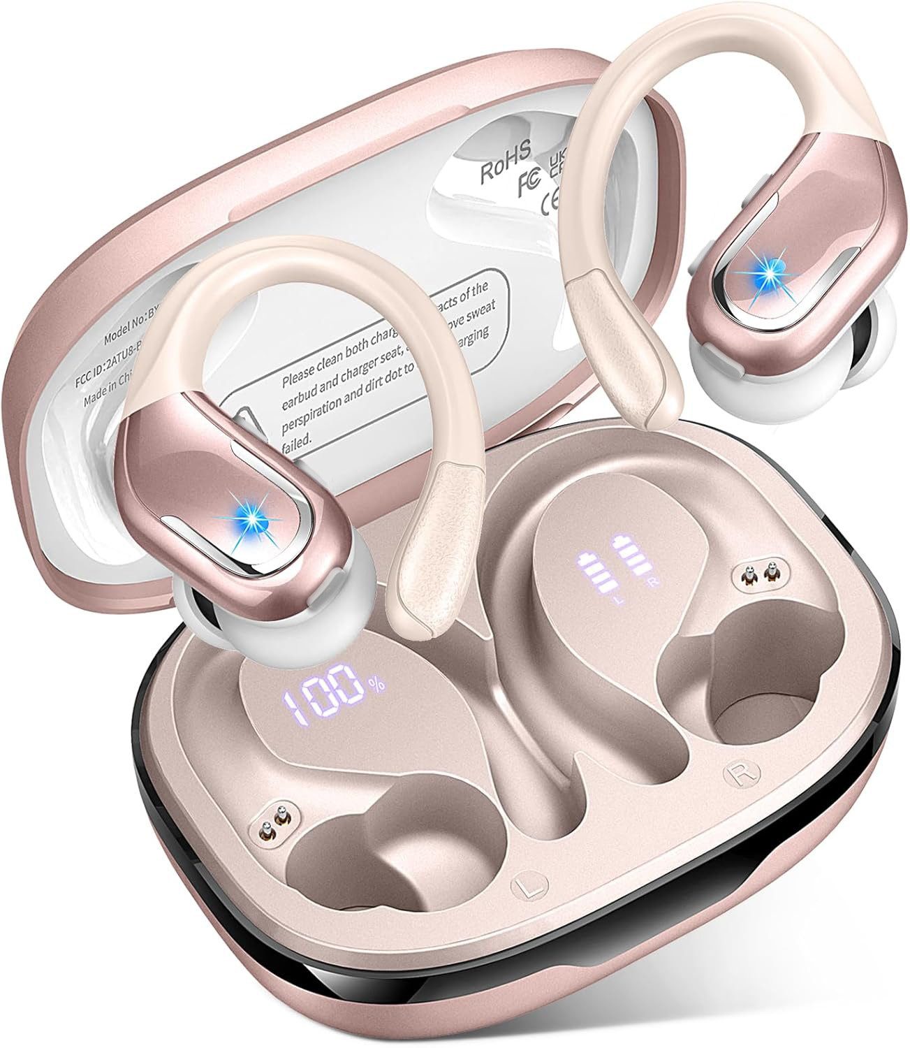 Futicare Bluetooth 5.4 Sportkopfhörer mit Ohrbügel, 75 Std. Akku & ENC, In-Ear-Kopfhörer (kabellose Bluetooth Kopfhörer mit 14,2-mm-Treiber, IPX7, LED-Anzeige, Tastenbedienung für Training)