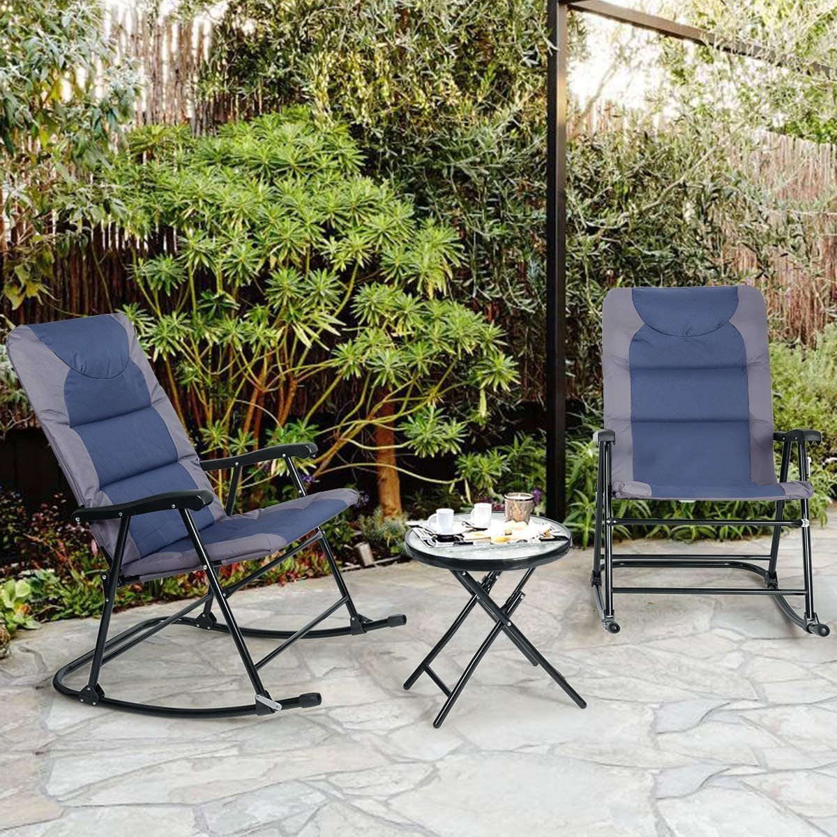 mit KOMFOTTEU Outdoor-Gartenmöbel-Set Beistelltisch, blau Schaukelstuhl Set