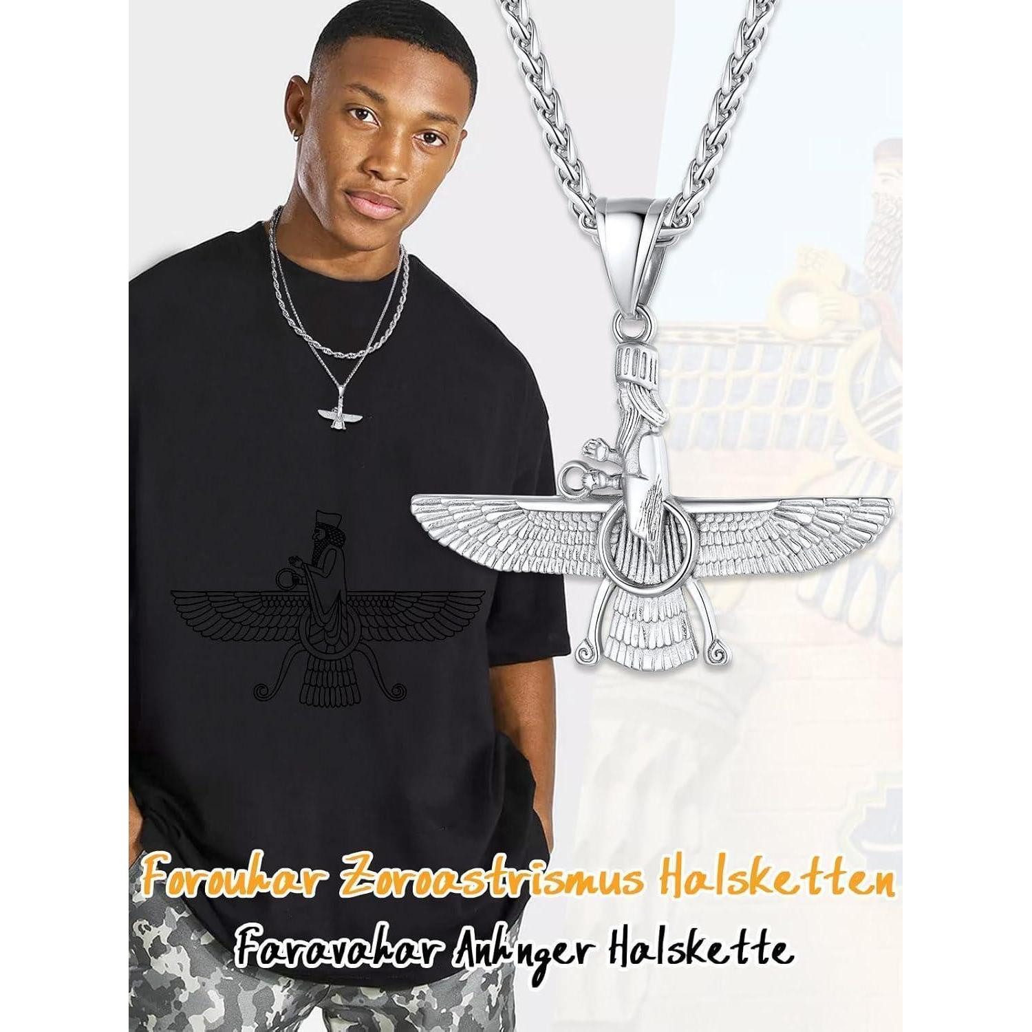 LuxusKollektion Kette mit Anhänger Halskette Herren Damen Faravahar Anhänger 01: Original-silber – Bild 2 von 5