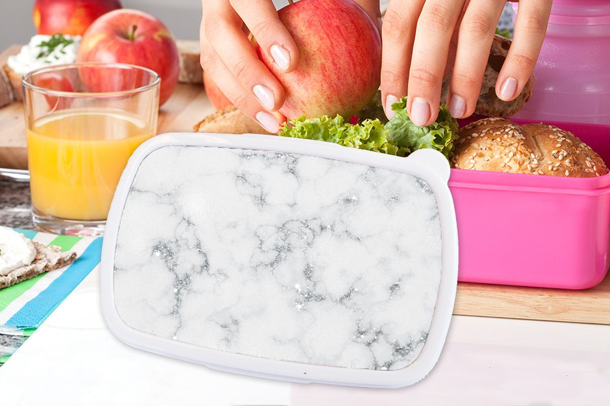 Marmoroptik Lunchbox Grau, Brotbox Kinder, MuchoWow Brotdose Erwachsene, (2-tlg), rosa für Mädchen, Weiß Kunststoff Kunststoff, - Snackbox, -