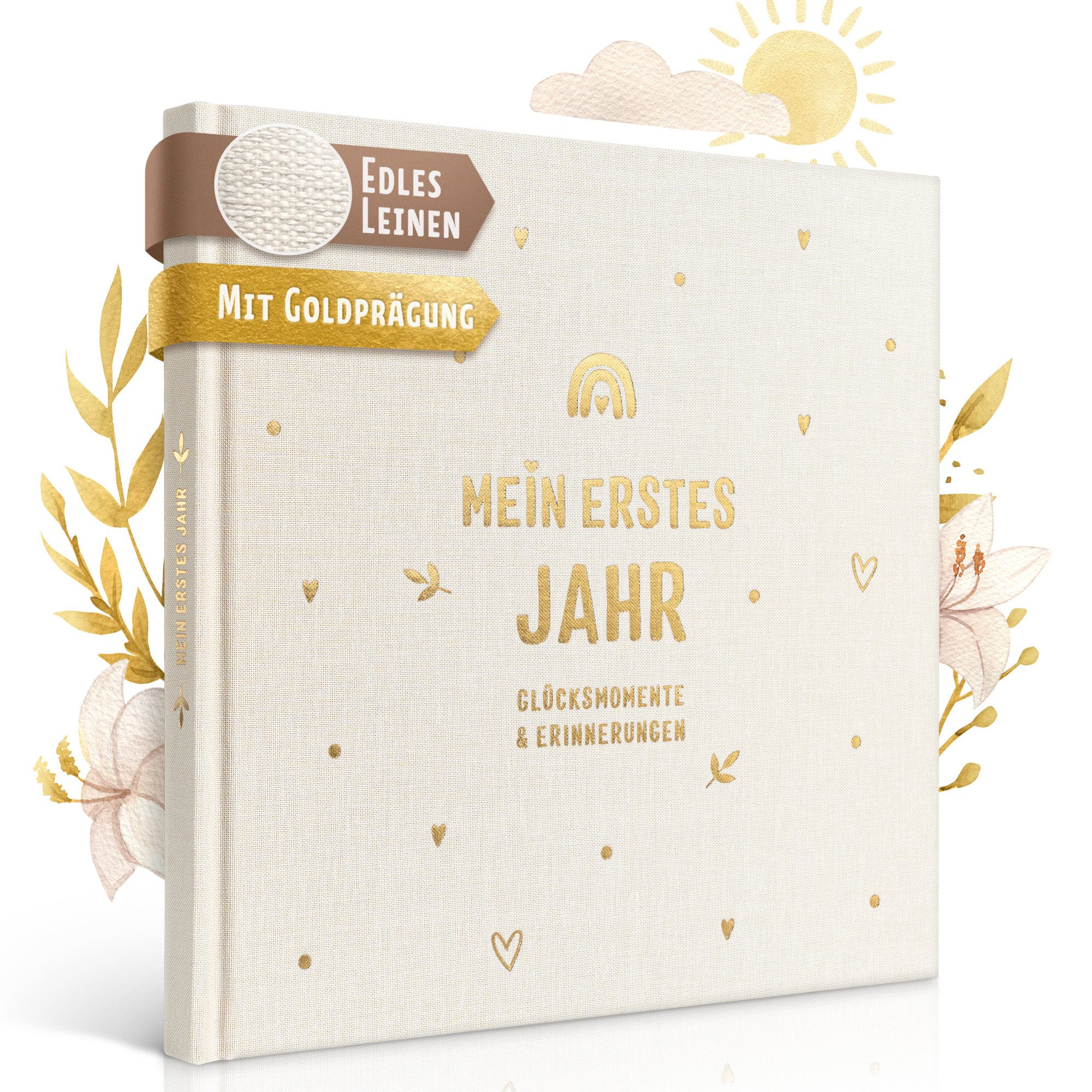 Eulentaler Tagebuch I Babyalbum mein erstes Jahr I Mit Leinen & Goldprägung, im Boho Stil, mit handgemalte Illustrationen & allen Meilensteinen