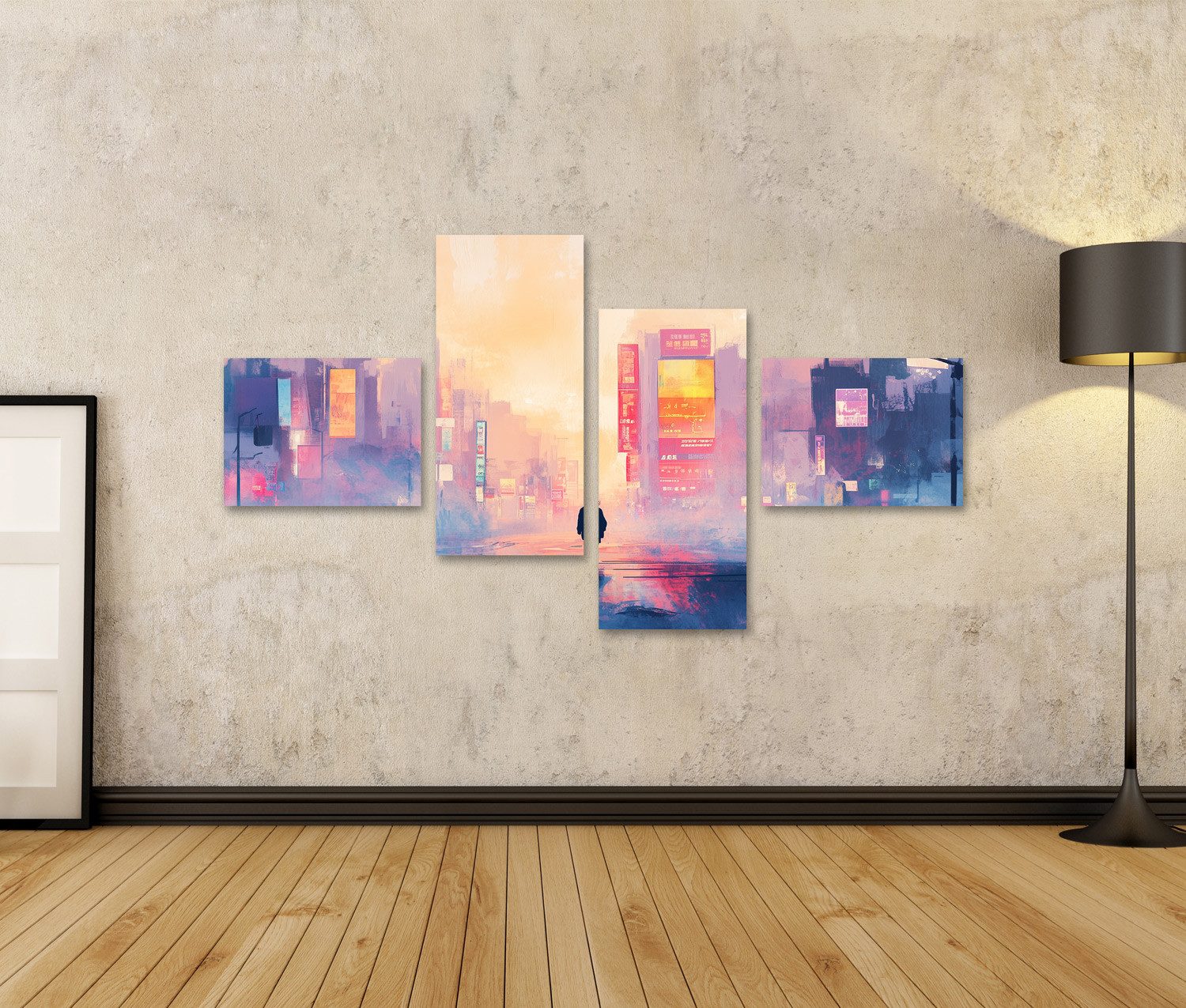 islandburner Leinwandbild, Mensch allein in einer bunten Stadt bei Sonnenuntergang