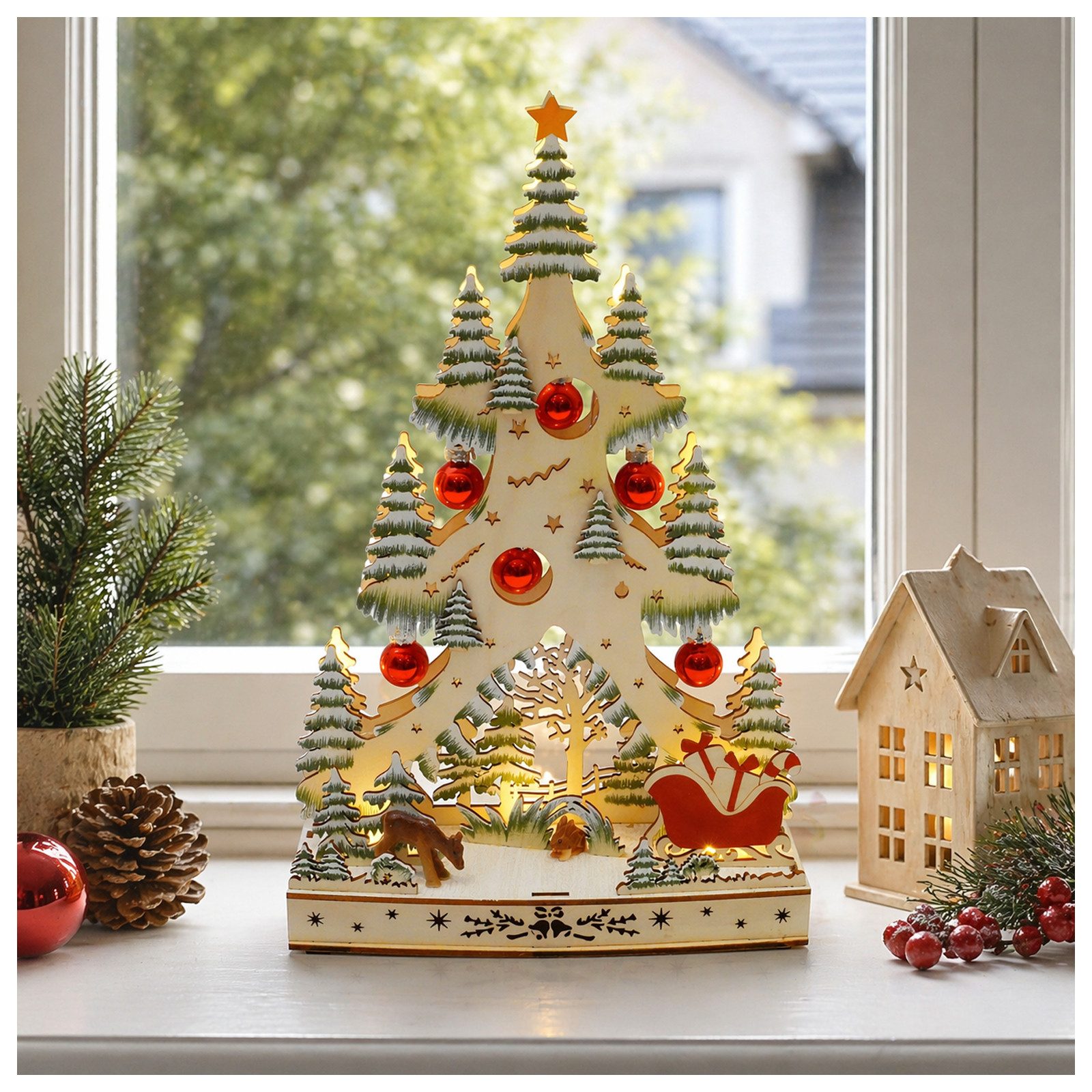 HTI-Living Schwibbogen LED Schwibbogen Weihnachtsbaum mit Kugeln und Schlitten (1-tlg), Lichterspitze aus Holz, batteriebetrieben