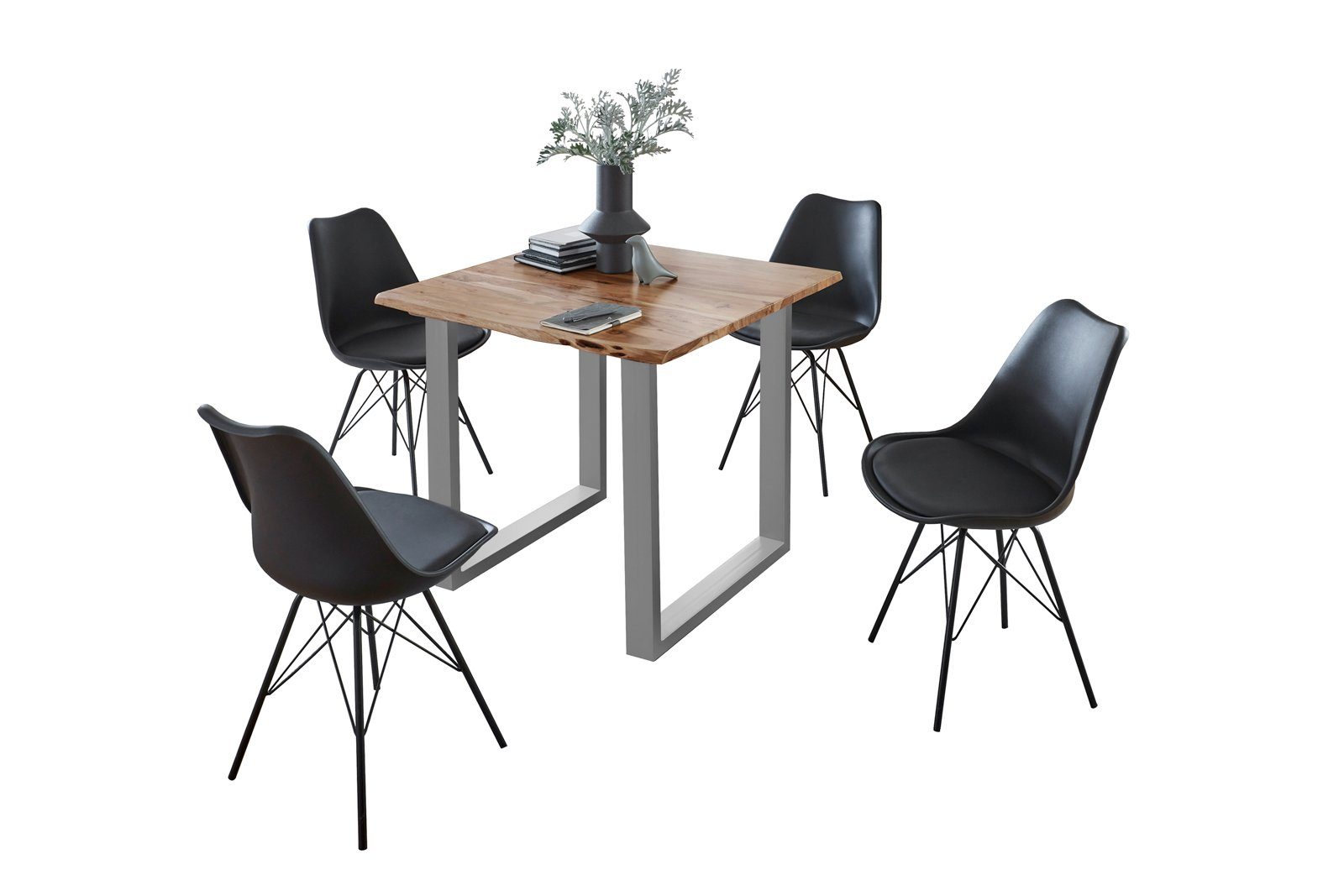 Akazienholz, Baumkante, und Stühle Essgruppe Jasmin, SAM® naturfarben, Silberfarben 4 Metallgestell