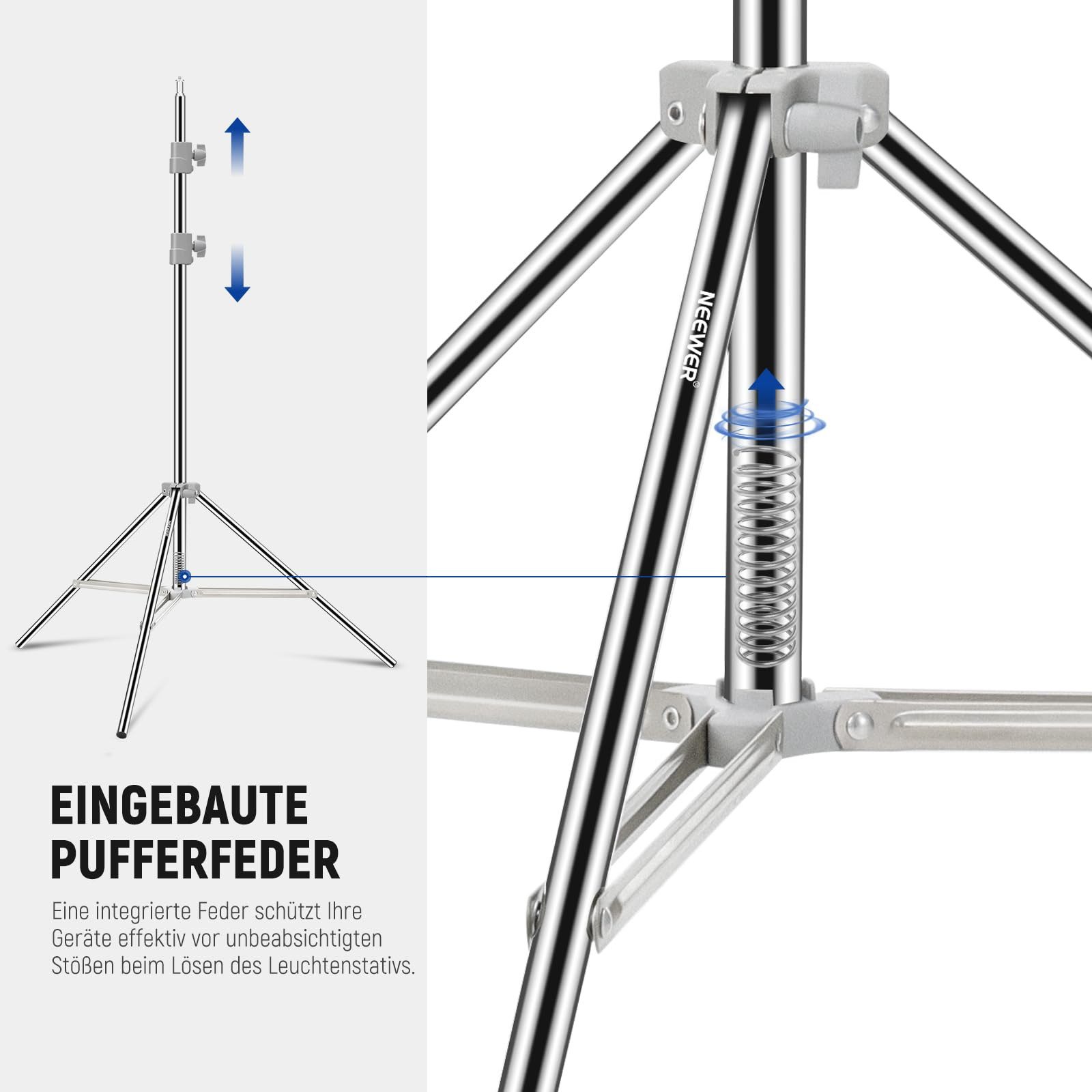 Neewer ST-190SS 190cm Lichtständer, Edelstahl, federbelastet, max. 6,5kg Lampenstativ (faltbares, mit stärkeren Rohrverbindungen, für Softbox Ringlicht)