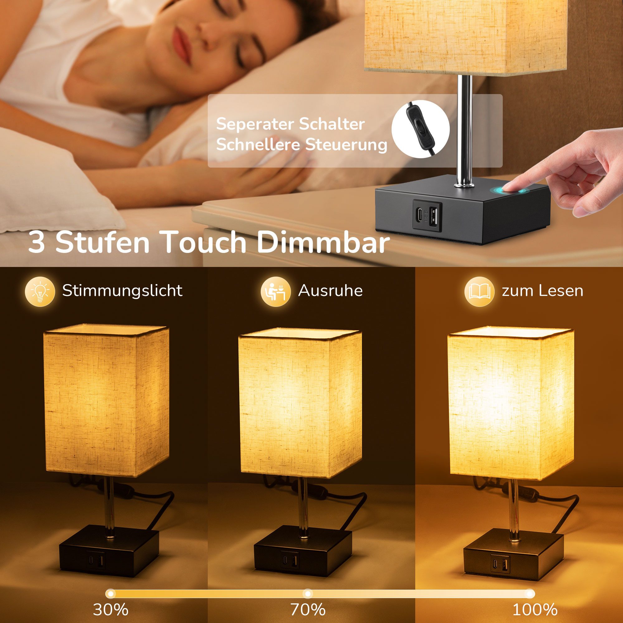 EDISHINE LED Nachttischlampe 2er-Set Schreibtischlampe Touch Dimmbar, Tischleuchten mit USB, LED wechselbar, warmweiß, kleine Tischlampe mit Ladefunktion für Fensterbank, Geschenk