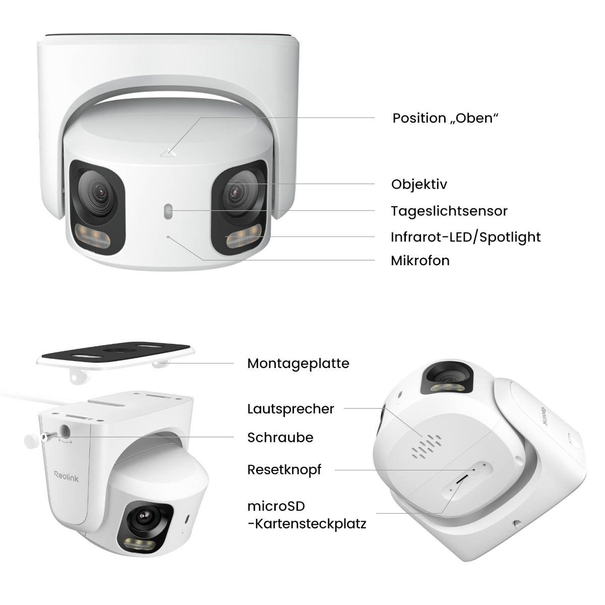 Reolink Überwachungskamera Professional Series RP-PCT8MD - 4K PoE-Kamera mit 180° Dual-Objektiv (Außenbereich, Innenbereich, Farbnachtsicht, KI-Erkennung, Zwei-Wege-Audio, wetterfest)