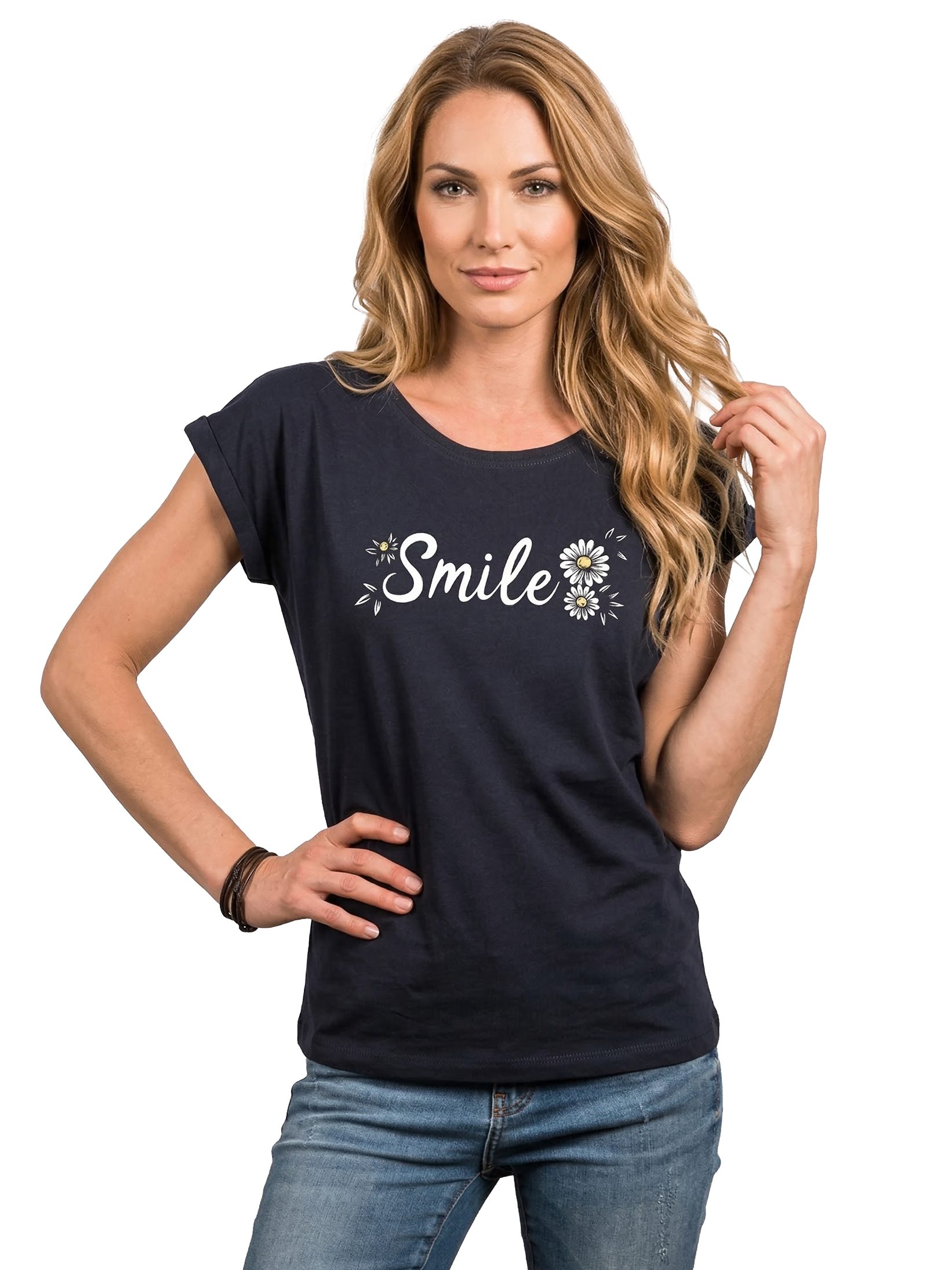 MAKAYA T-Shirt Lässiges Damen-Top mit Smile-Motiv und Blumenprint (Schwarz, Blau, Grau, Grün, 34, 36, 38, 40, 42, 44, 46, 48, 50) Baumwolle