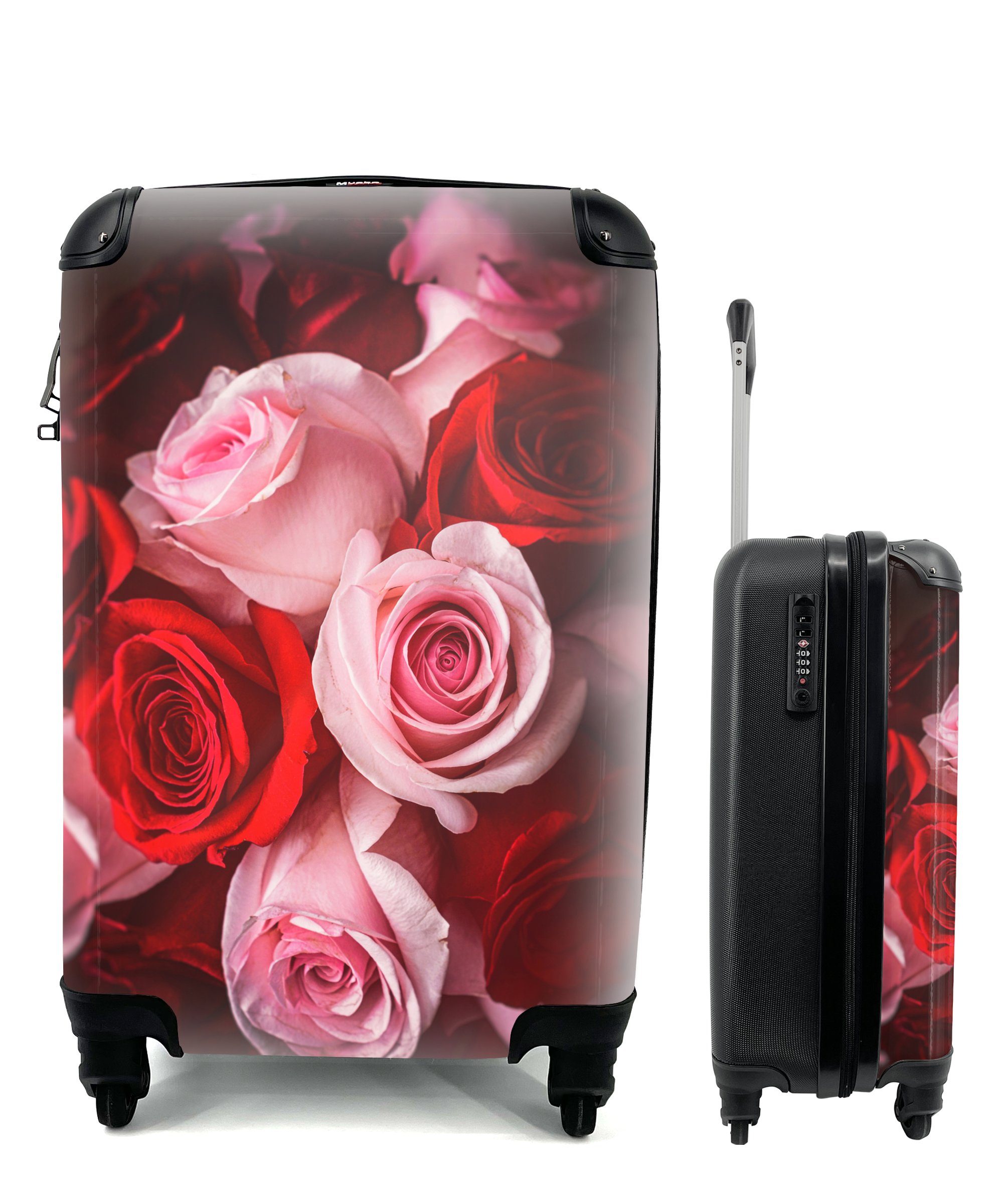MuchoWow Handgepäckkoffer Nahaufnahme eines Straußes aus rosa und roten Rosen, 4 Rollen, Reisetasche mit rollen, Handgepäck für Ferien, Trolley, Reisekoffer