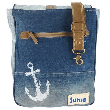 Sunsa Messenger Bag Große Umhängetasche aus recycelte Jeans, Canvas und Leder. Messenger Bag A4 geeignet mit Maritim Aufdruck., Retro Maritim Still