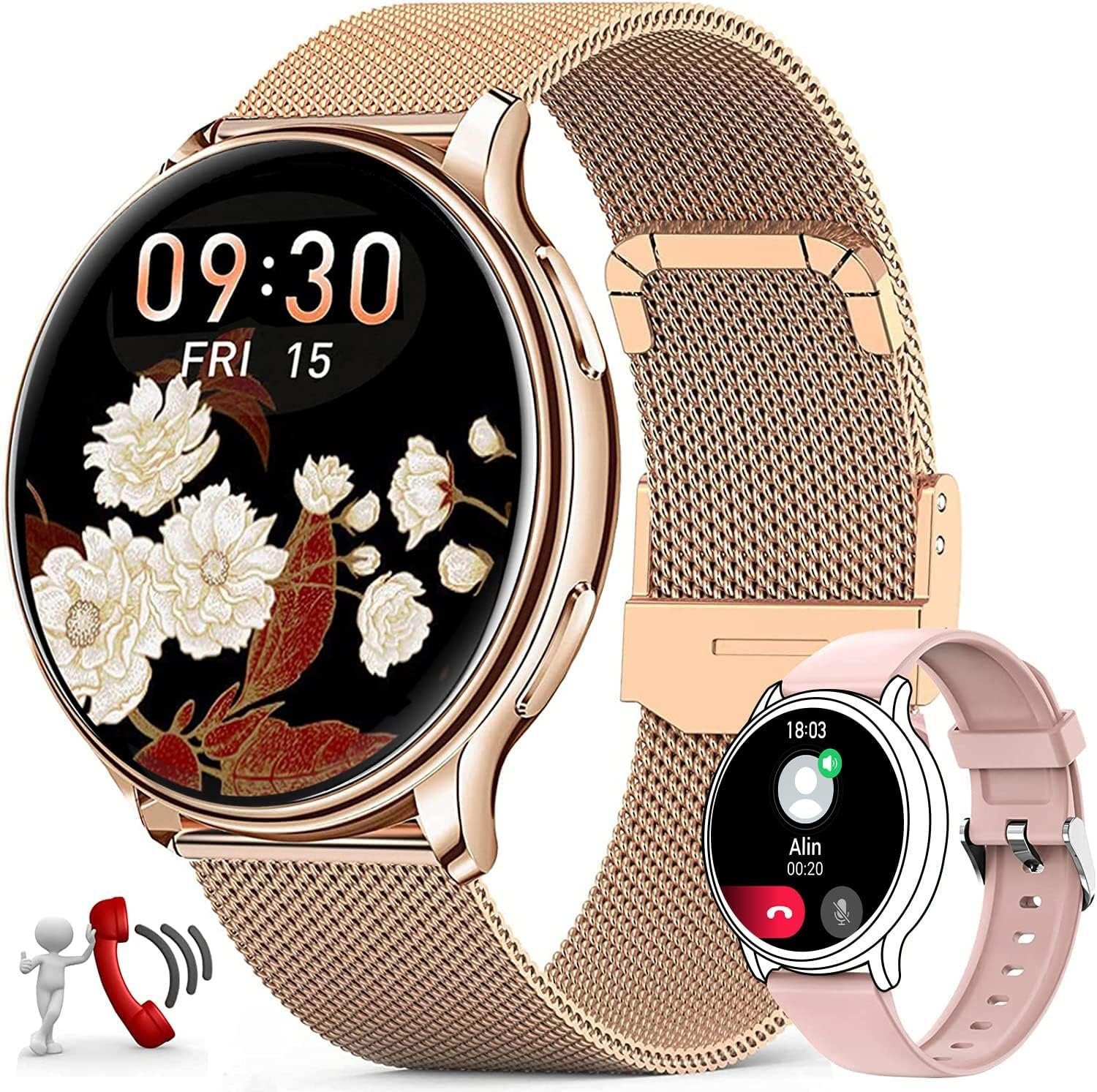 Efolen Smartwatch (1,32 Zoll, Android iOS), mit Telefonfunktion Damenuhr HD  Fitnessuhr mit Schrittzähler SpO2 Uhr