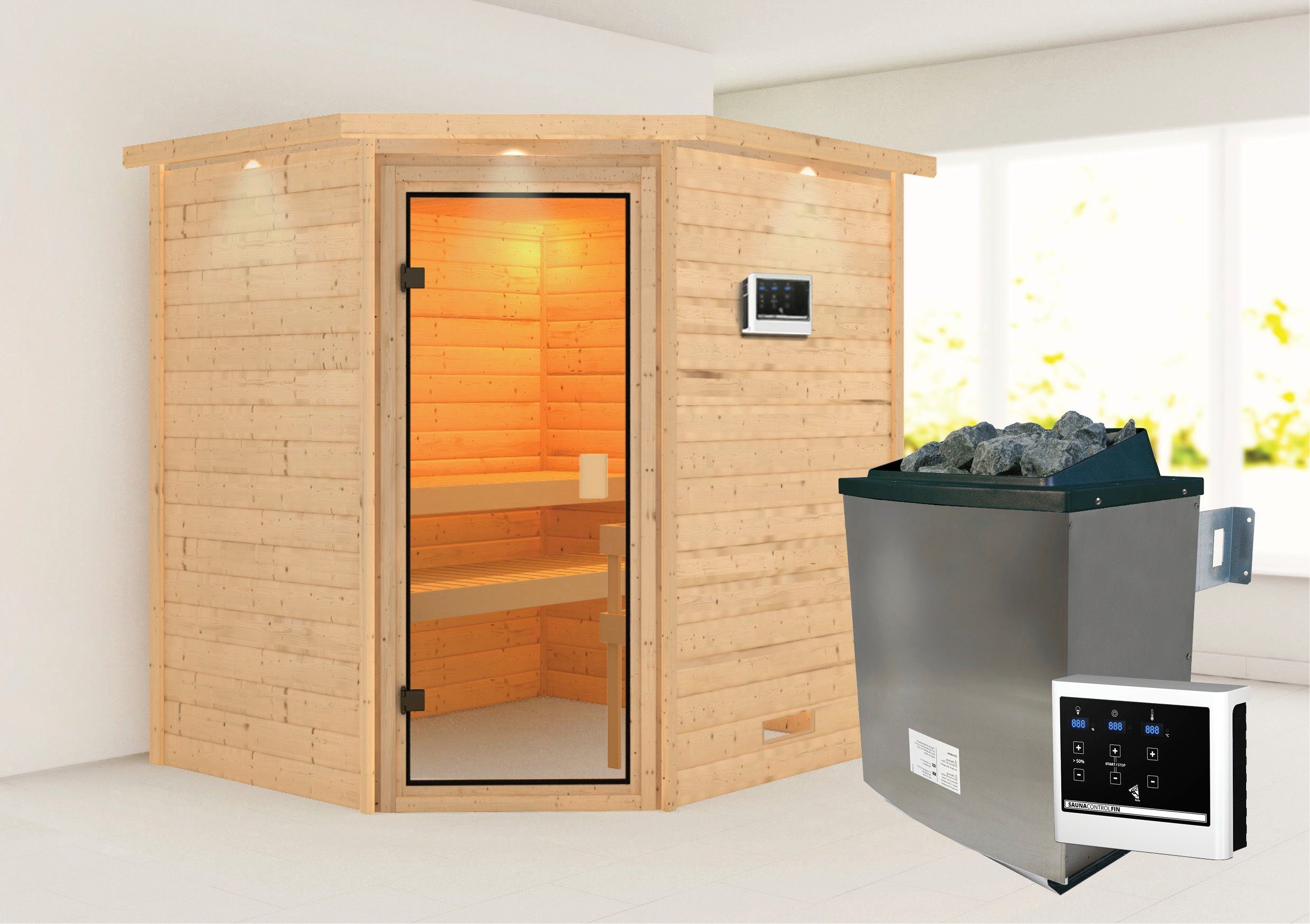Karibu Sauna Mia (Fronteinstieg), BxTxH: 2240 x 1840 x 2020 cm, 38 mm, Ofen 9 KW externe Strg easy