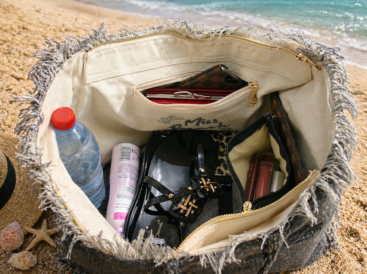 Miss Beach Strandtasche - Badetasche mit Reißverschluss - Canvas Shopper Urlaub Groß 29 Liter, Paillettenprint