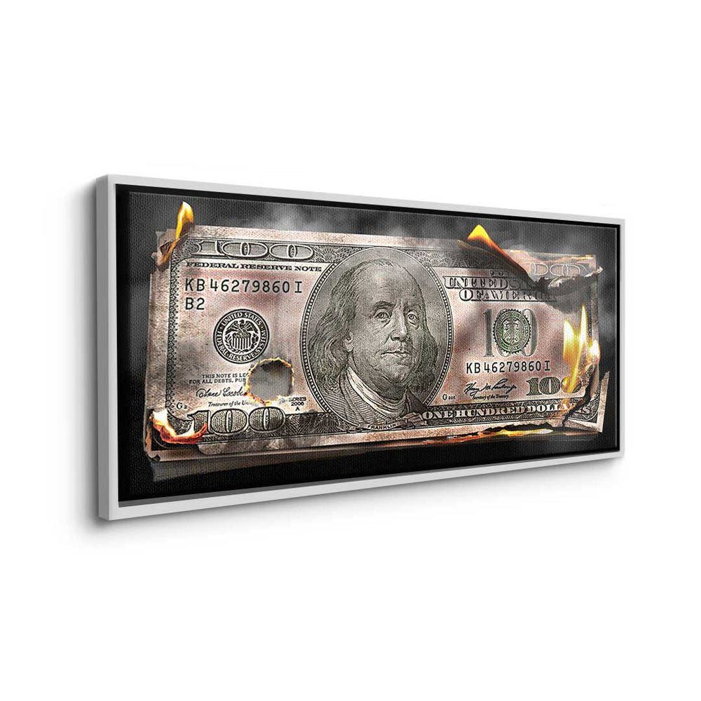 Moneymaker Leinwandbild, DOTCOMCANVAS® Rahmen schwarzer Dolllar 100 Wandbild- Burning Bill - Premium