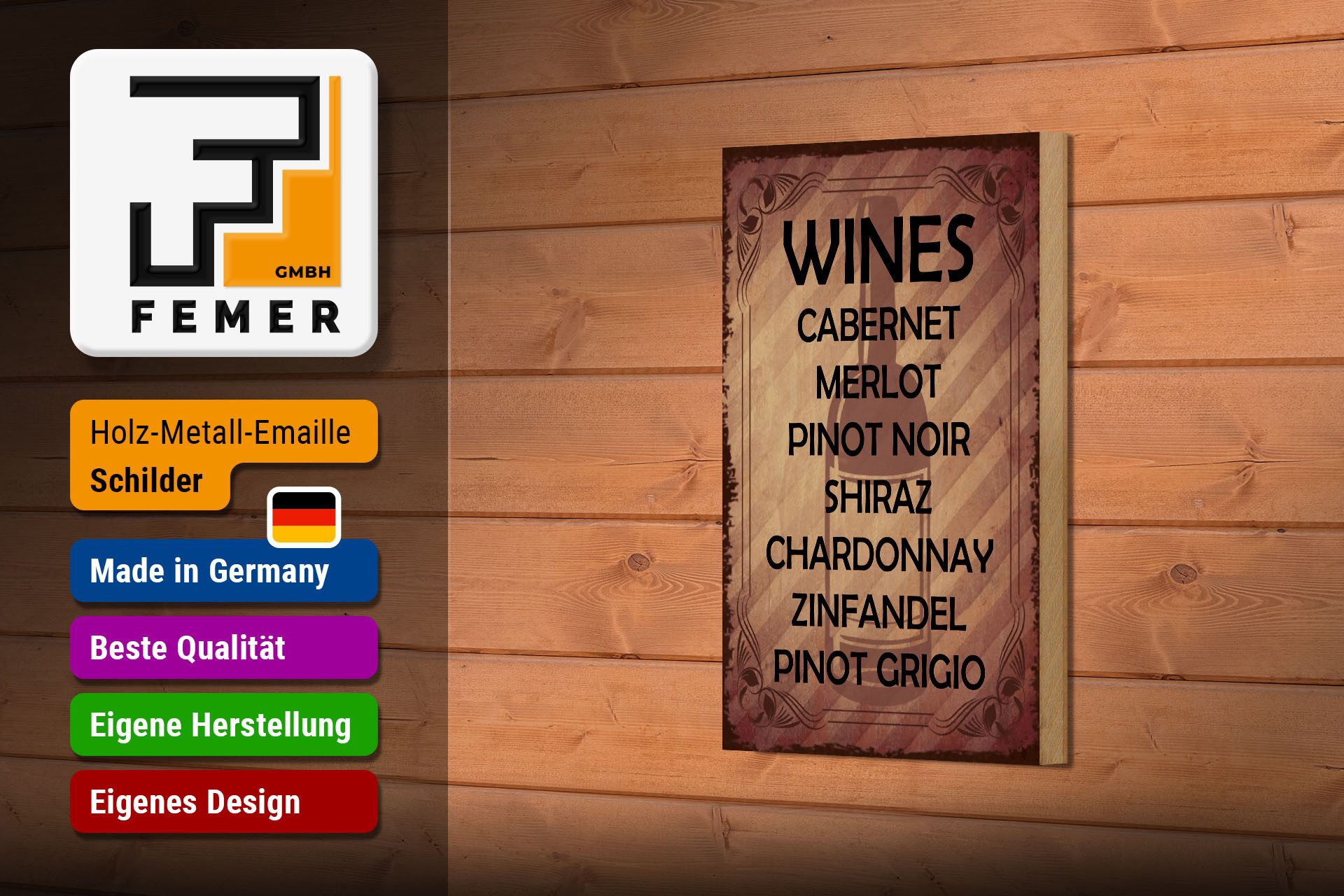 Femer GmbH Holzbild Alkohol 12x18 cm Wines 7 Weinsorten aufgelistet, (1 St), Glatte Holzfaserplatte (MDF), vorn beschichtet