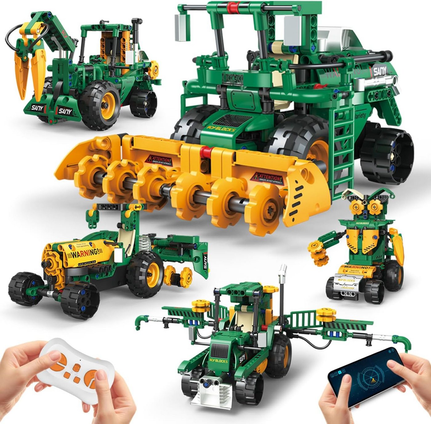 Esun Technik Roboter Kinder, 5 in 1 bausatz mit App & ferngesteuert RC Spielbausteine, (Set, 313 St., Komplettset), Baukasten/Traktor/mähdrescher/wasserwagen, 313 St.