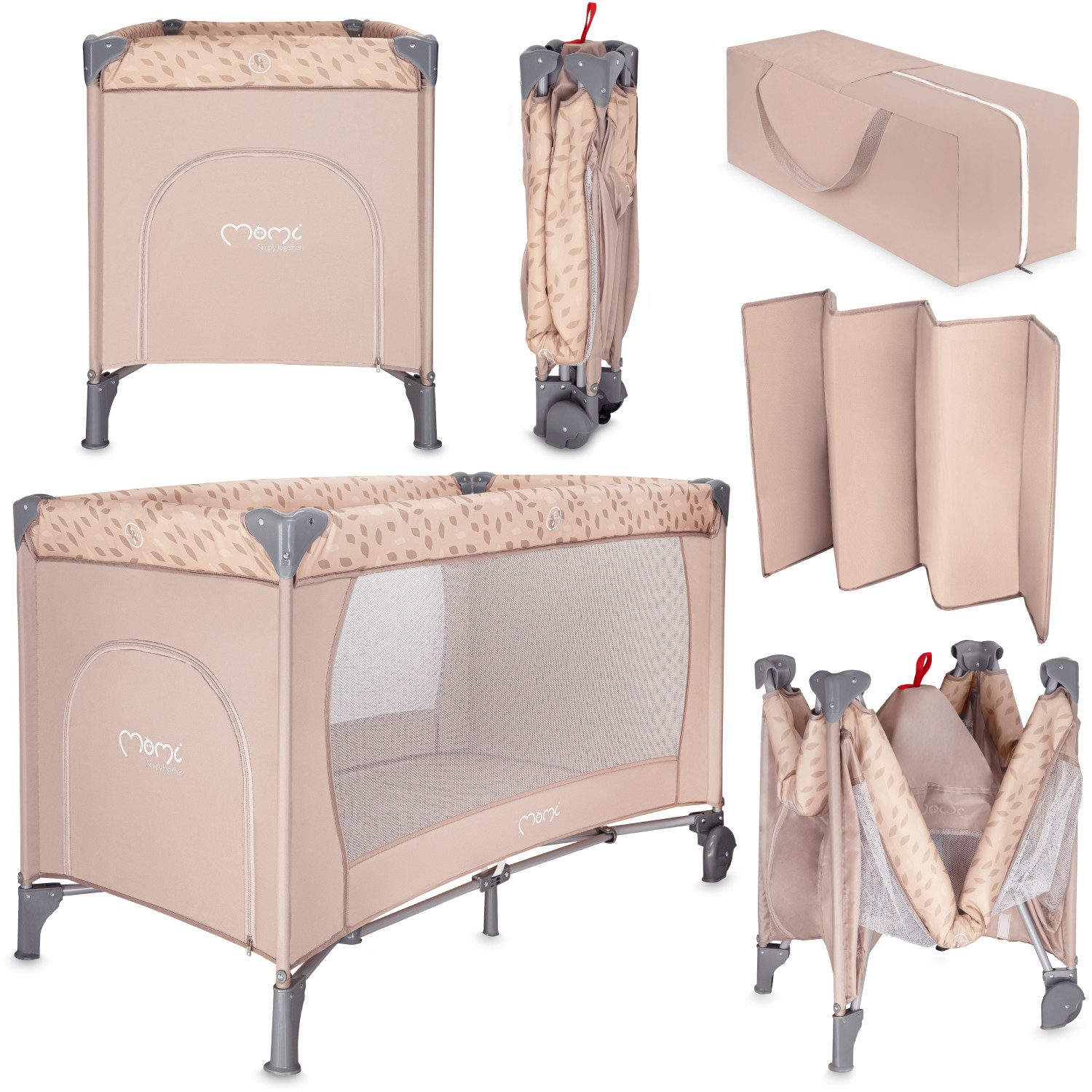 MoMi Baby-Reisebett Belove, 3-in-1 Reisebett mit Matratze & Rollen, faltbar