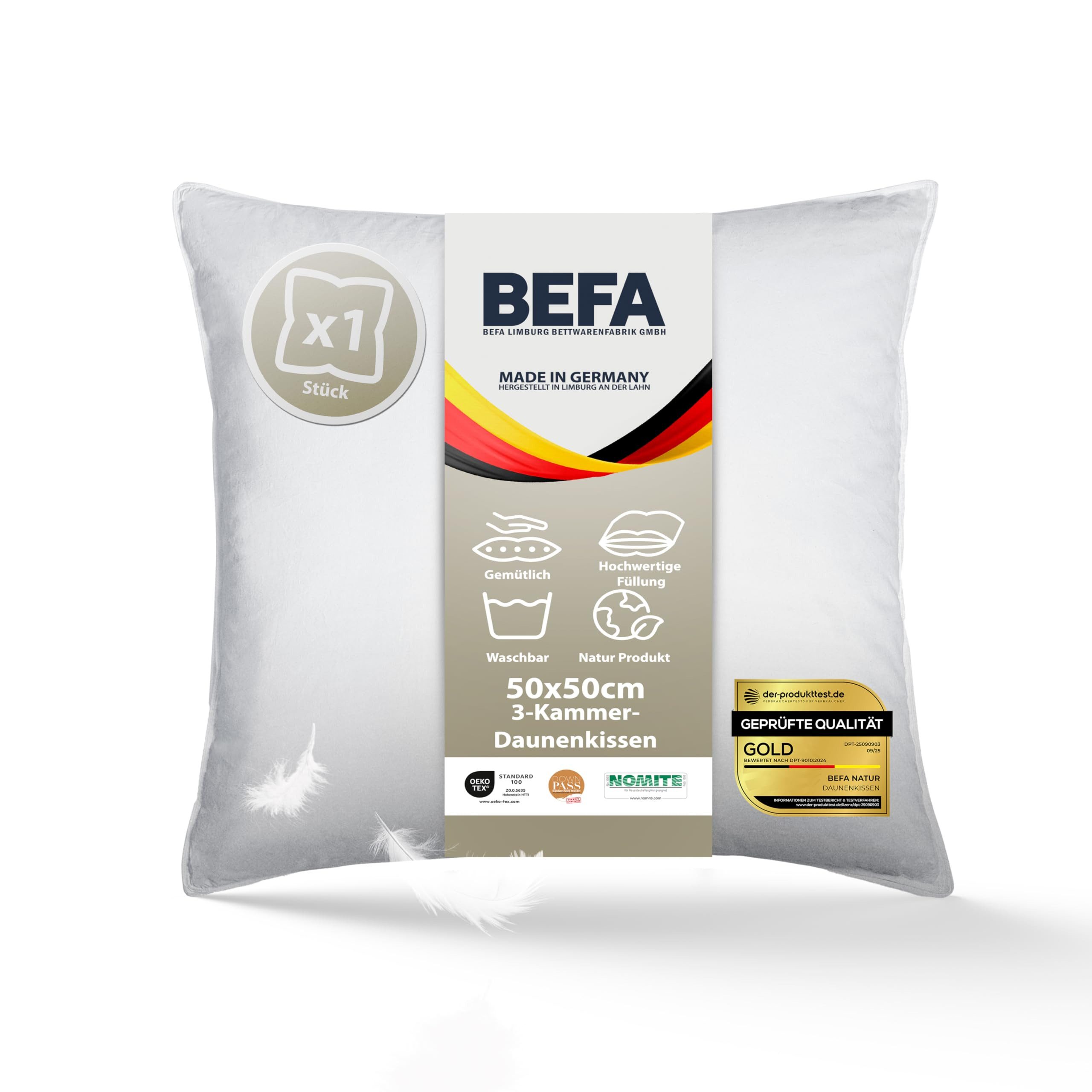 BEFA NATUR 3-Kammer-Kopfkissen TRÄUM SÜß - 3-Kammer-Kopfkissen Premium-Daunenkomfort, Füllung: Außen: 90% Daunen, 10% Federn - Innen: 100% Federn, Bezug: Baumwolle, Seitenschläfer, Rückenschläfer, Bauchschläfer, Spar-Set, Himmlisch weiche Premium-Daune für erholsamen Schlaf, Made in Germany
