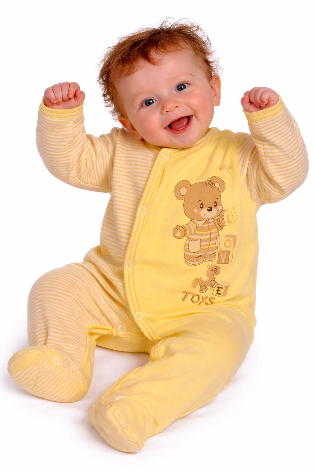 La Bortini Strampler Baby Overall Einteiler für Neugeborene in Gelb gestreift mit Bärchen mit praktischer Druckknopfleiste