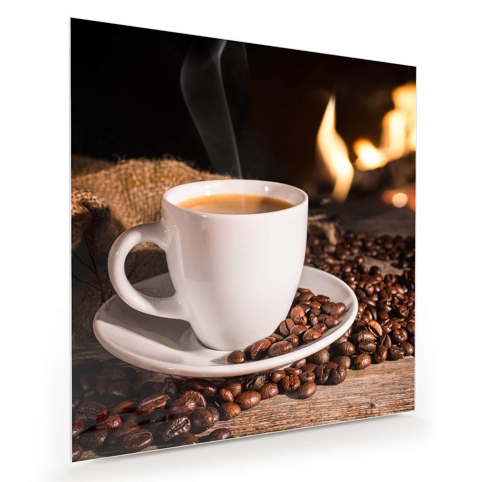 Glasbild Wandbild Quadratisch Kaffee vor Kamin mit Aufhängung