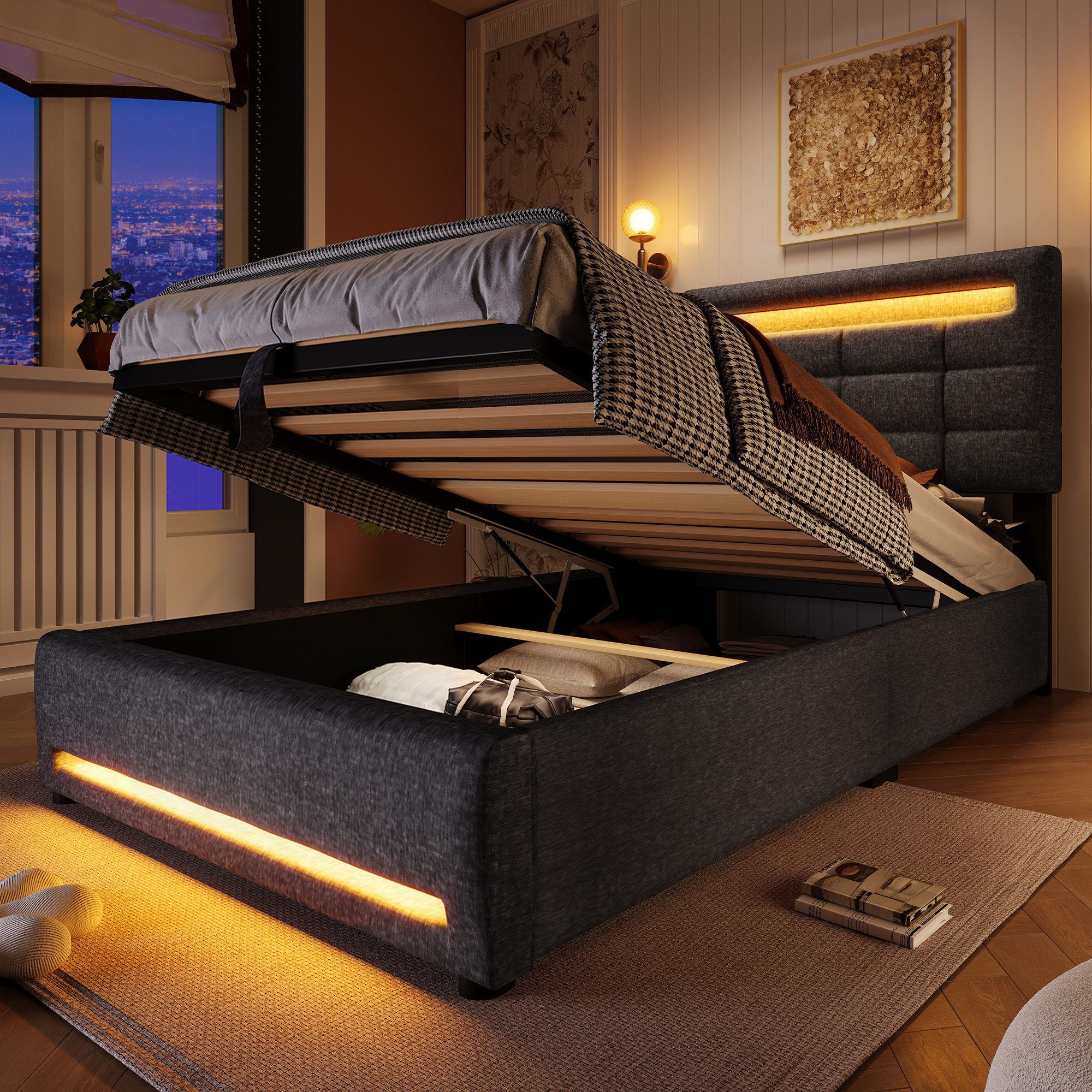 MC Star Polsterbett 90*200cm, APP-Fernbedienung, Mit LED-Leuchten, hydraulische Lagerung (ohne Matratze, Mit USB-Buchse, Leinen)