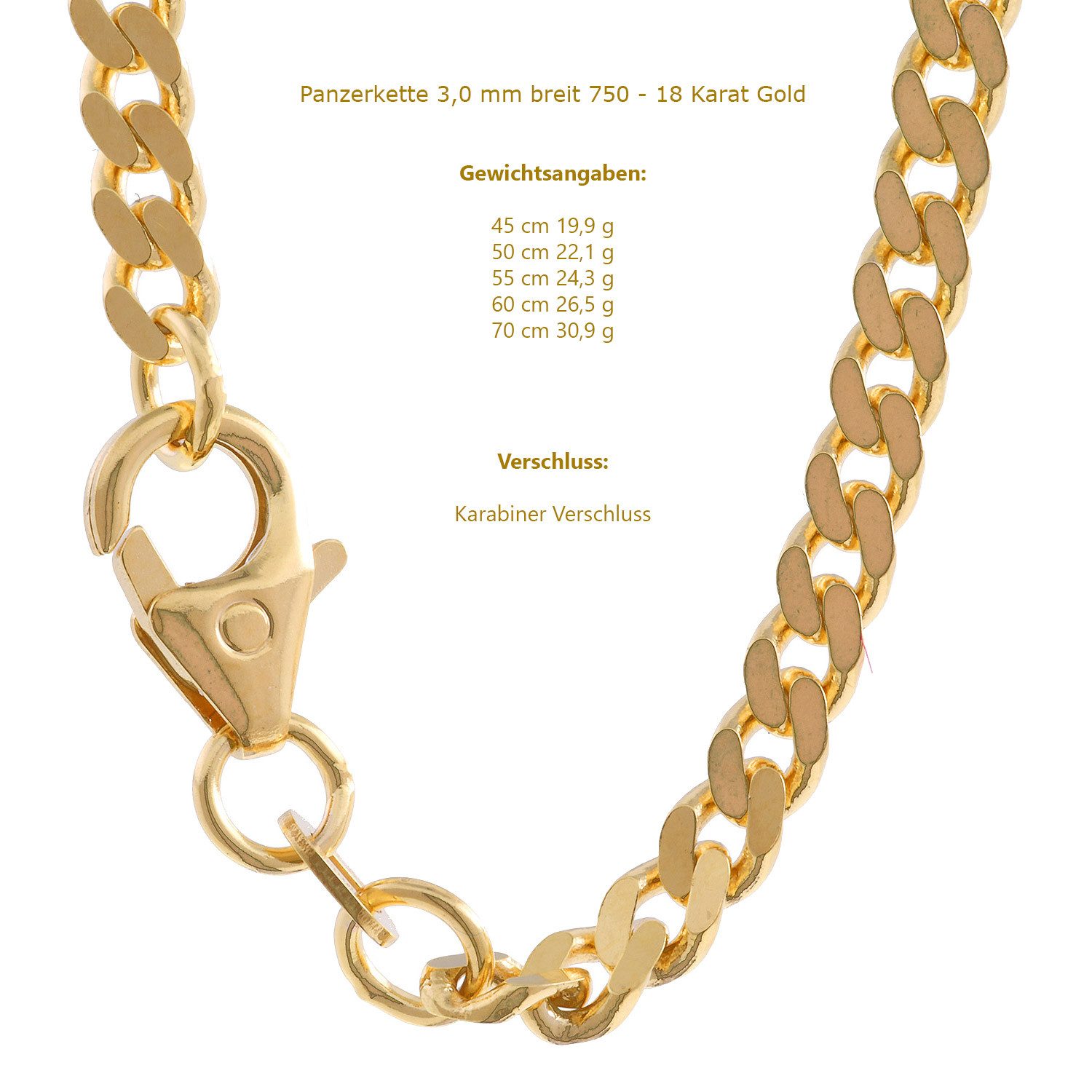HOPLO Panzerkette Goldkette Panzerkette Länge 45cm - Breite 3,0mm - 750-18 Karat Gold – Bild 5 von 5