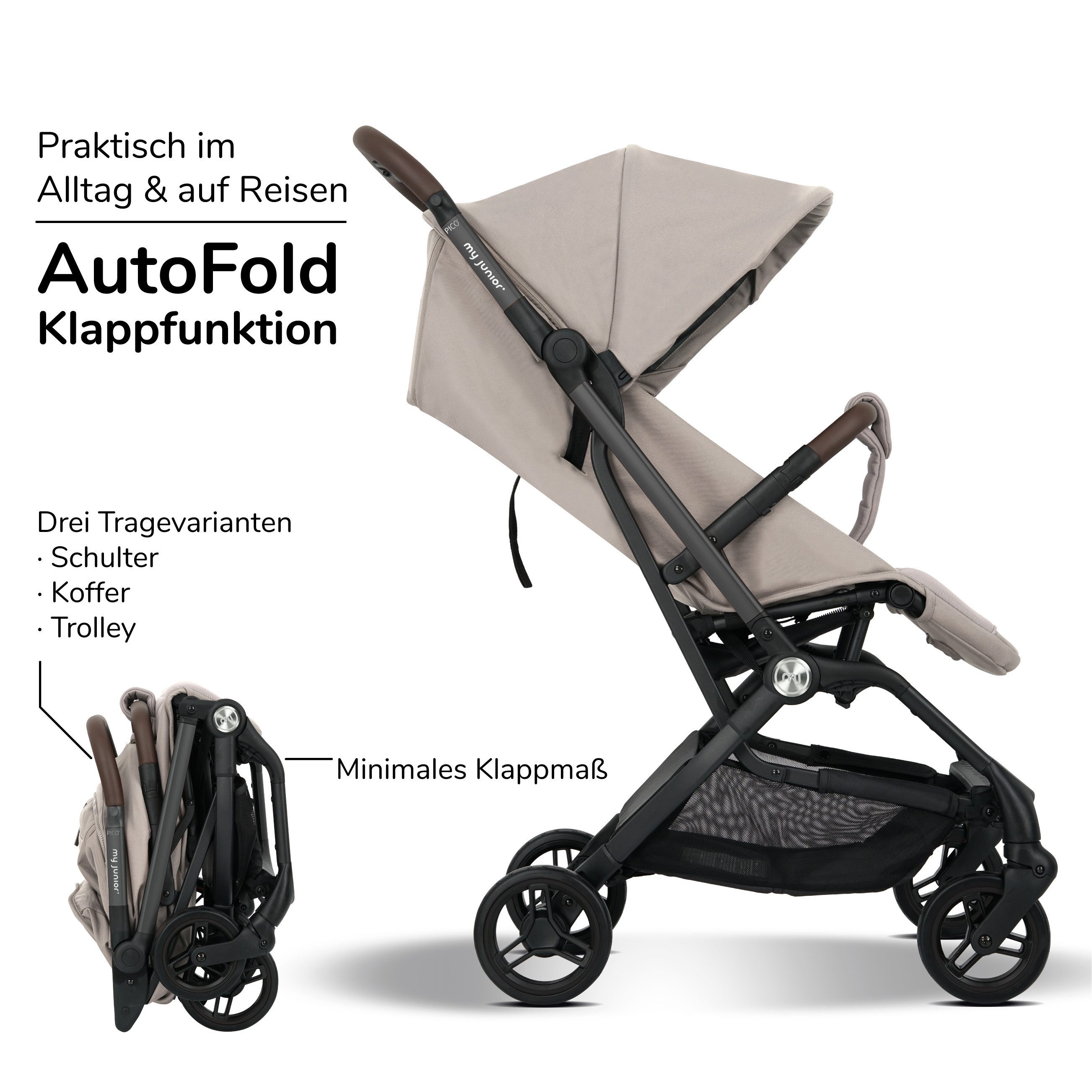 my junior Kinder-Buggy my junior® PICO² Chai Latte, bis 22kg, Einhand AutoFold, Getränkehalter, Transporttasche