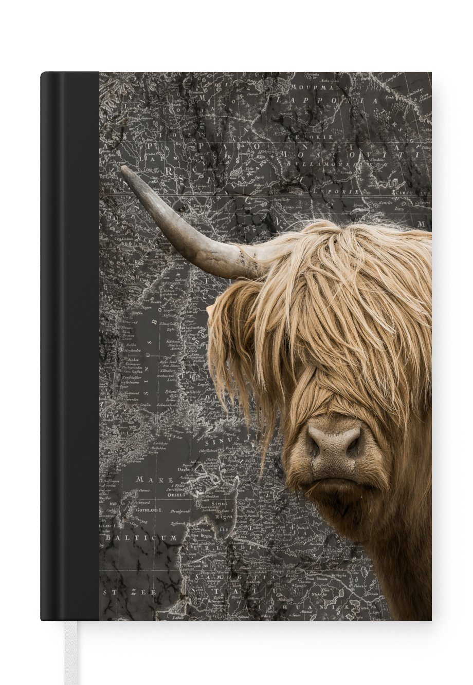 MuchoWow Notizbuch Schottische Highlander - Kühe - Weltkarte, Journal, Merkzettel, Tagebuch, Notizheft, A5, 98 Seiten, Haushaltsbuch