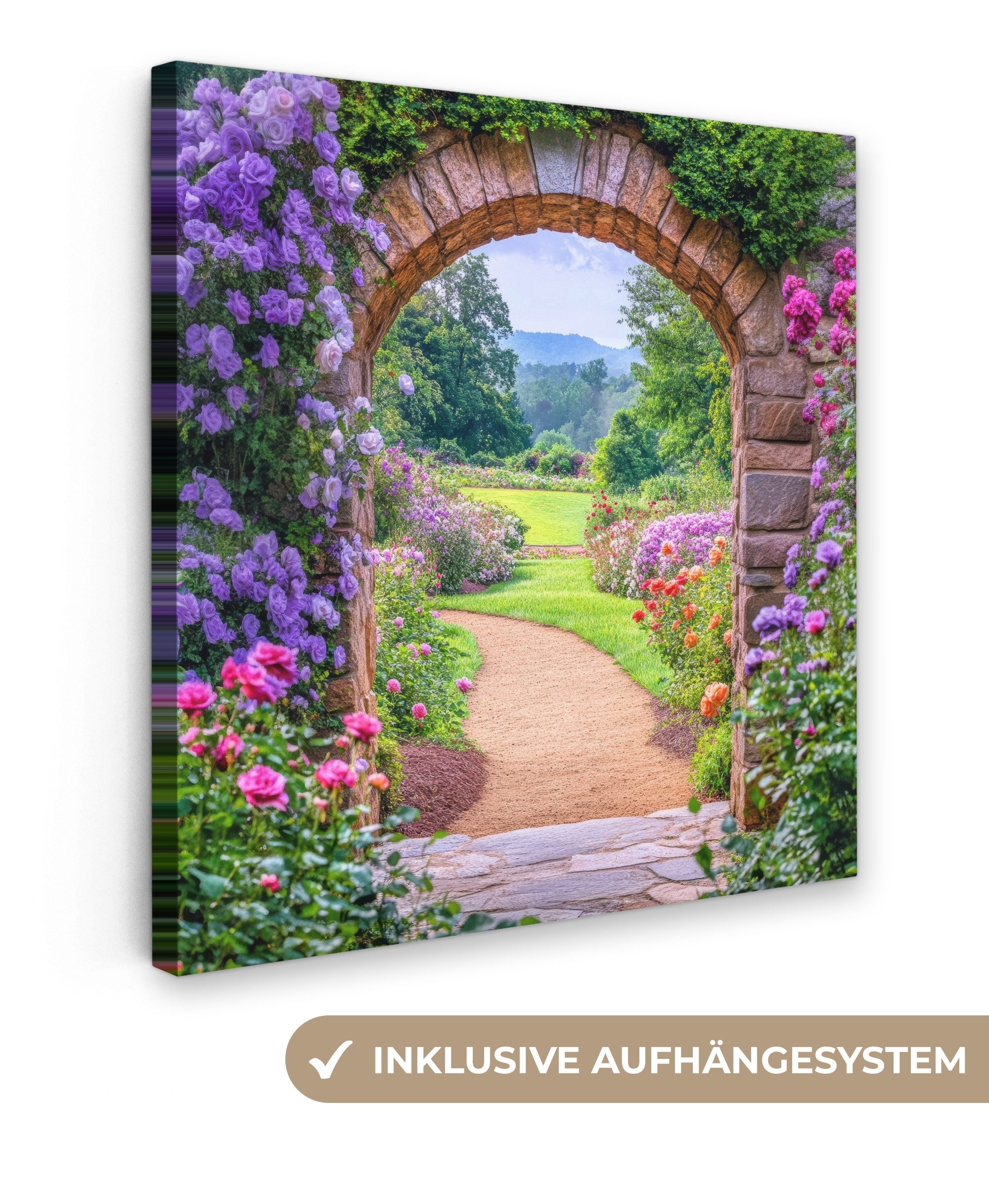 OneMillionCanvasses® Leinwandbild Fensterblick - Fensteres - Tor - Blumen - Garten, Fotodruck (1 St), Wandbild, Deko Schlafzimmer Wohnzimmer Flur 20x20 cm