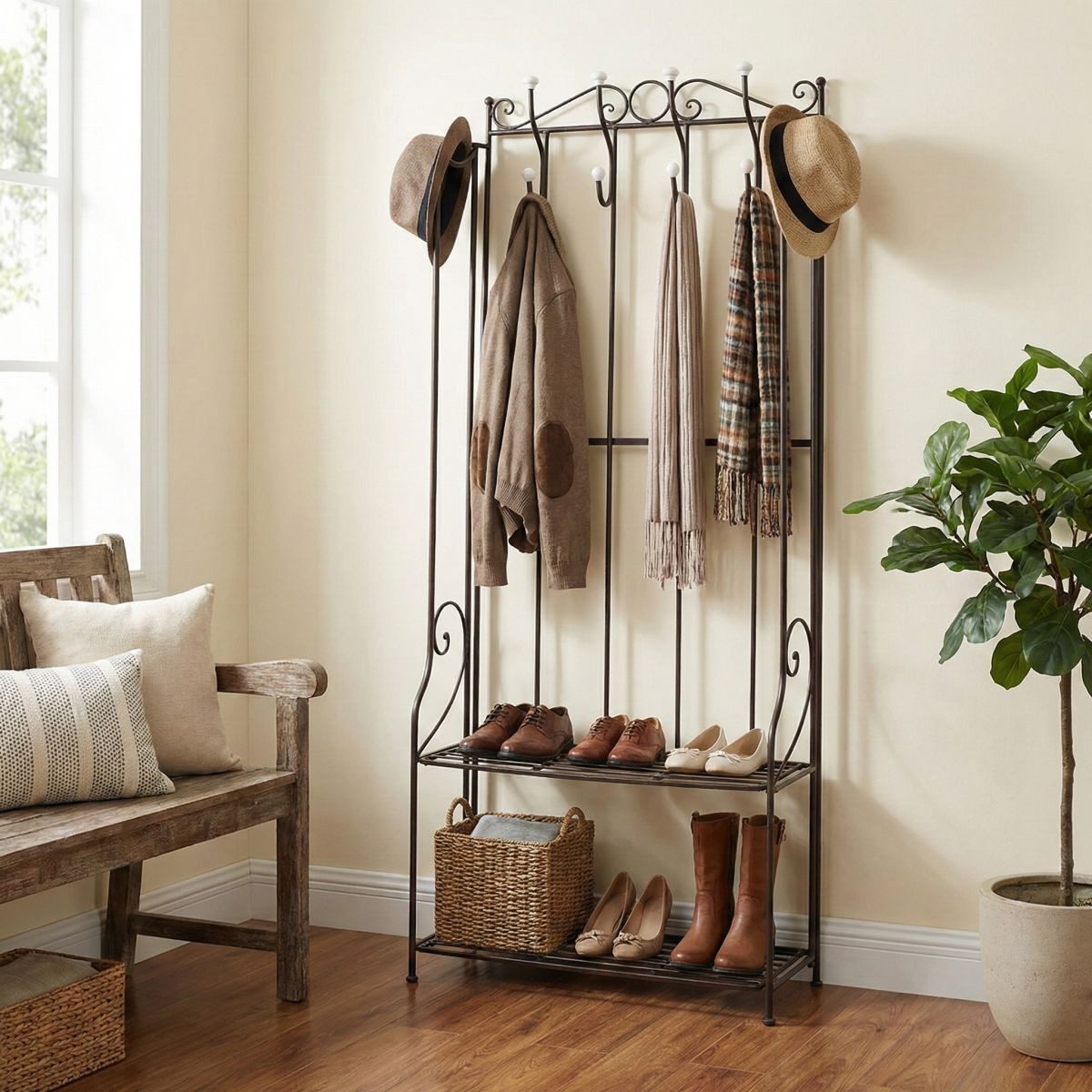 Ambiente Haus Garderobenständer Garderobe im Landhaus-Stil mit 4 Haken, und 2 Regalböden aus Metall