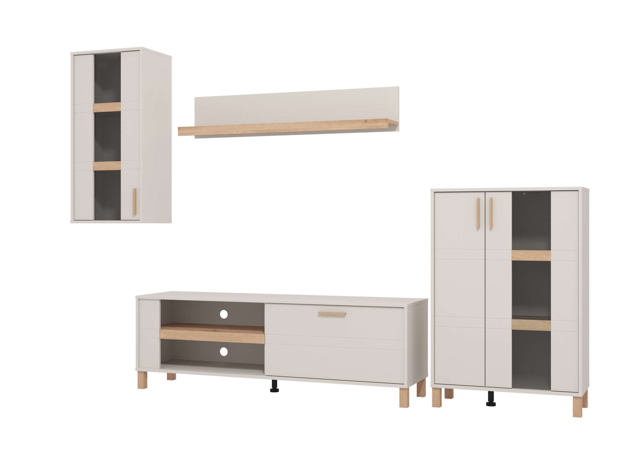 Home affaire Wohnwand Sheffield, inkl. TV-Board, Highboard, Hängevitrine und Wandregal, (Komplett-Set, 4-St), Getöntes Glas, 2D-beschichtetes MDF-Profil, Heißprägedetails